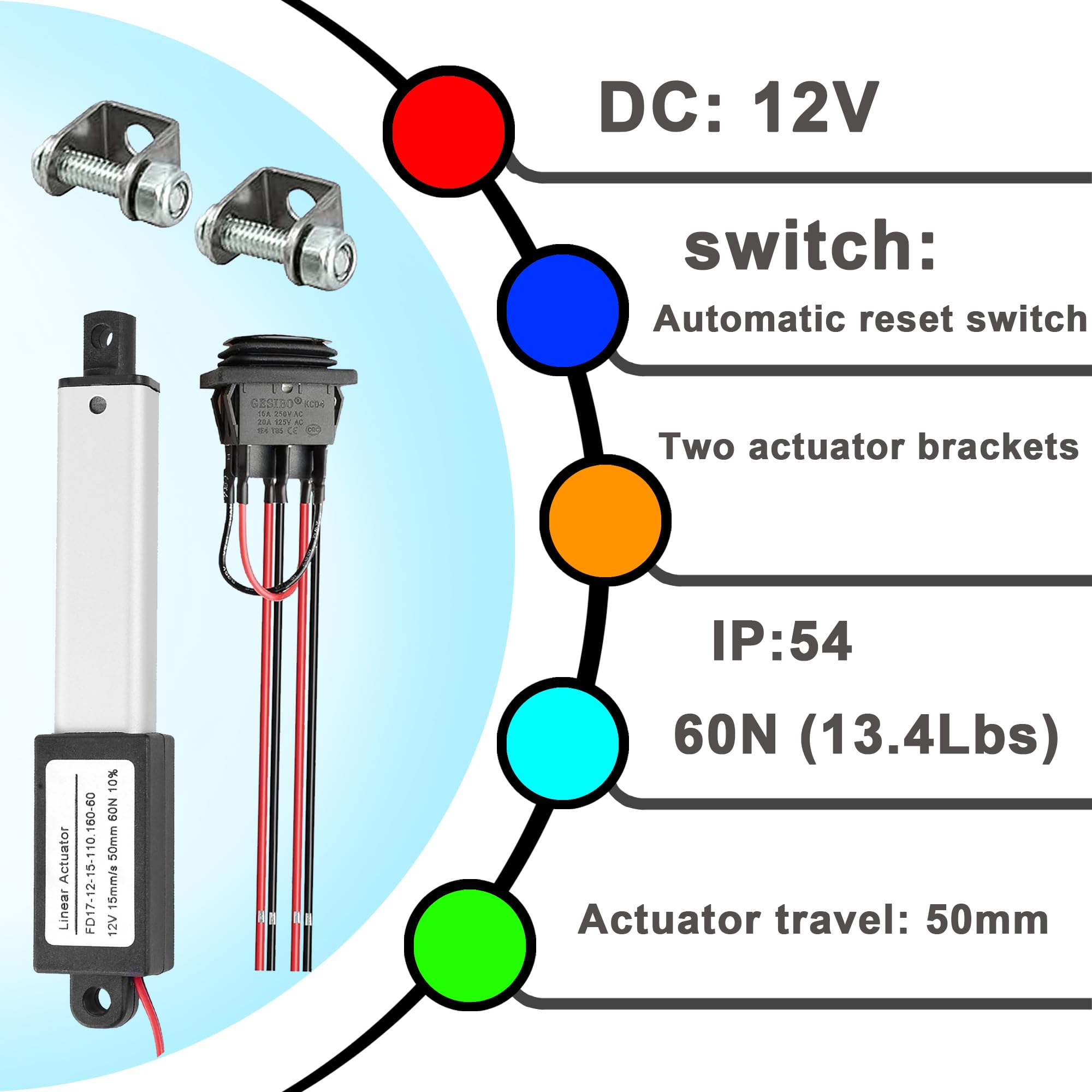 AWINLI - Mini actuador lineal eléctrico de 12 V, carrera de 2 pulgadas, velocidad de 60 N/13 libras, mini actuador de movimiento de metal pequeño con soporte de montaje e interruptor de control