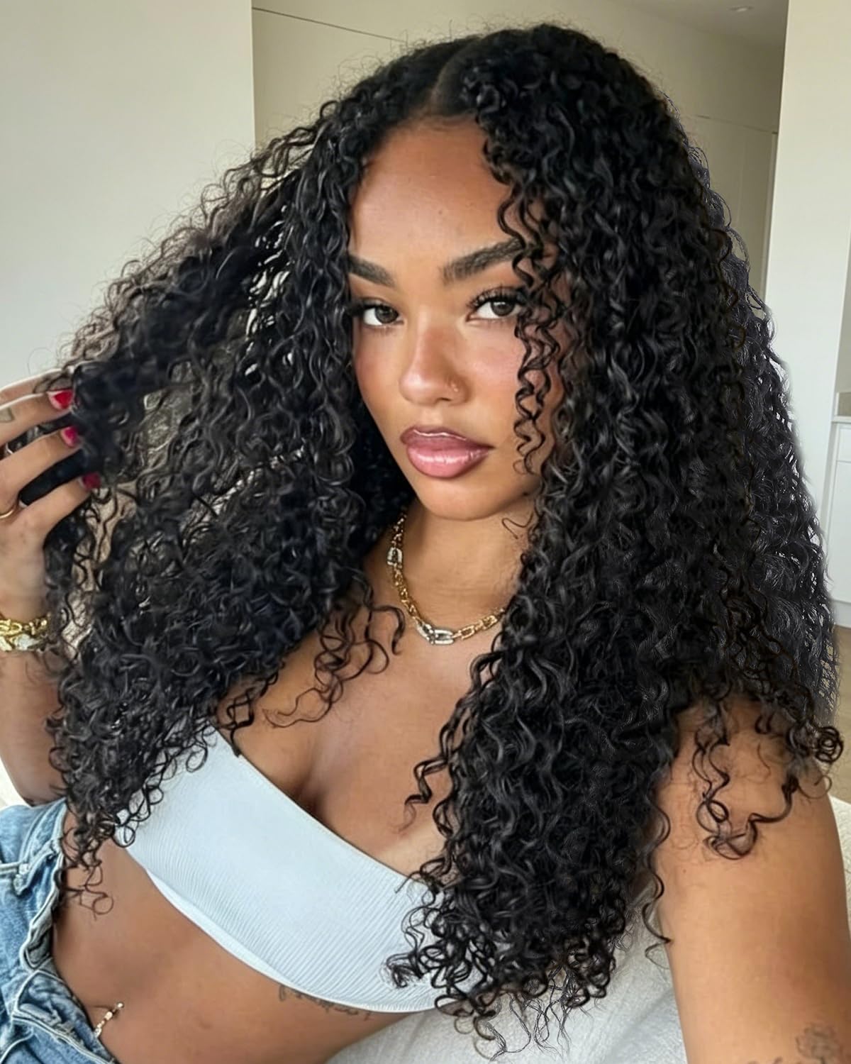 Deep Wave Curly Synthetic Wig Chocolate Brown Synthetic Lace Front Wig 24 Inch Wear and Go Glueless Curly Hair with Human Hair Feeling Synthetic Fiber Dark Brown Closure Wigs
