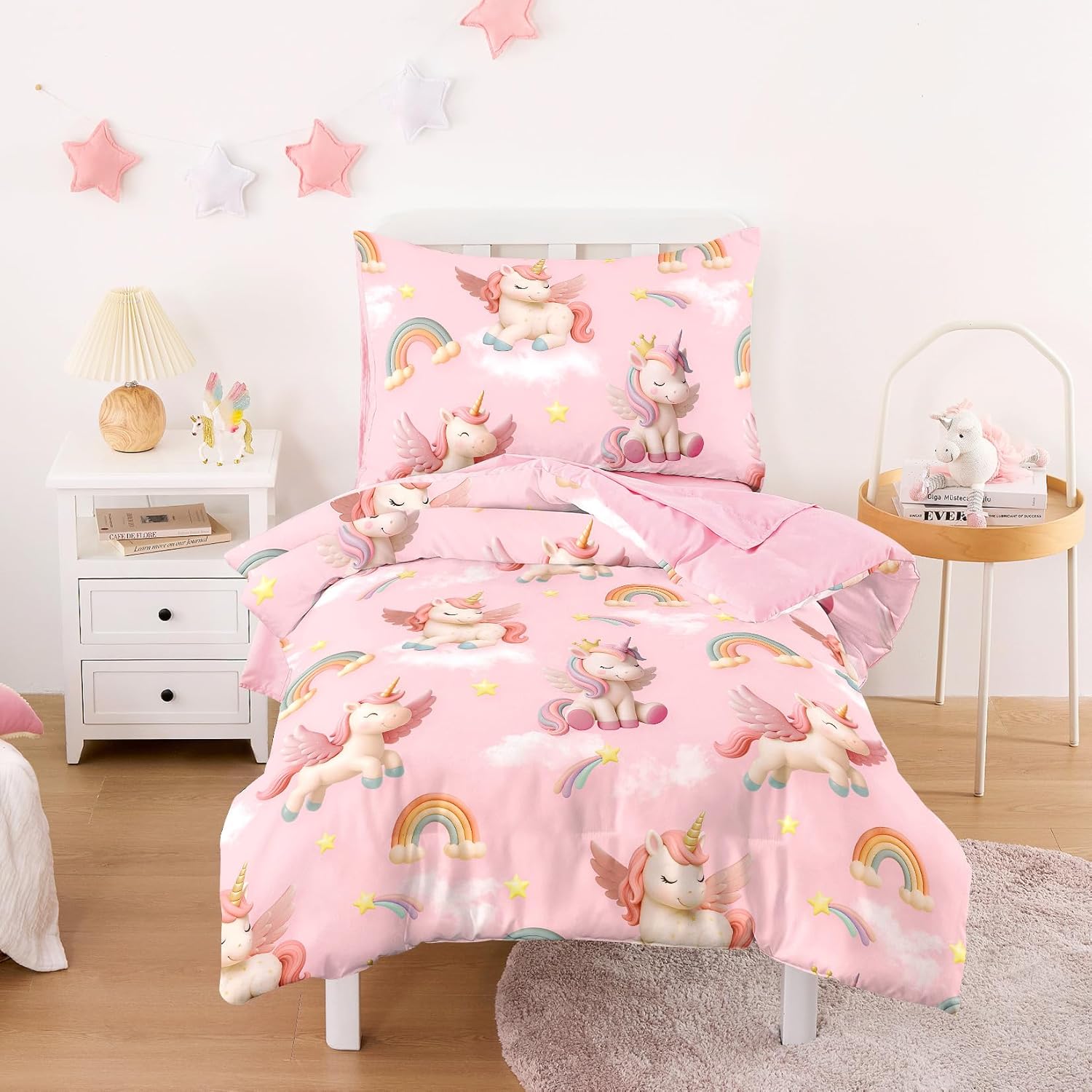 Wake In Cloud - Toddler Bedding Set for Girls, 3D Unicorns Rainbow Clouds, 4 Pieces Soft Crib Bed Set Including Comforter, Sheets and Pillowcase, Pink