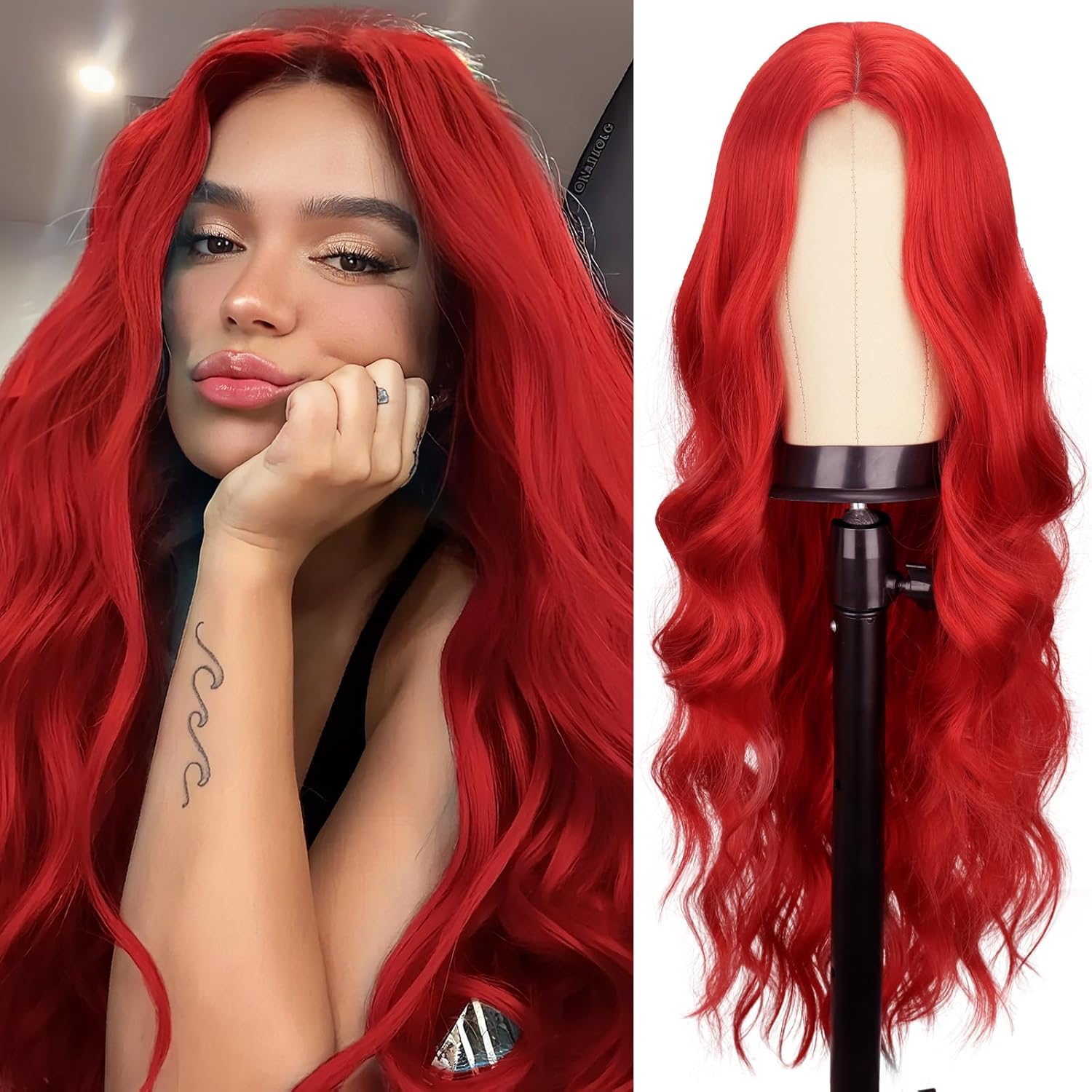 WERD Long Black Wavy Wigs for Women Black Curly Wig with Middle Part Synthetic 26 Inch Natural Looking Black Wig for Daily Party Use