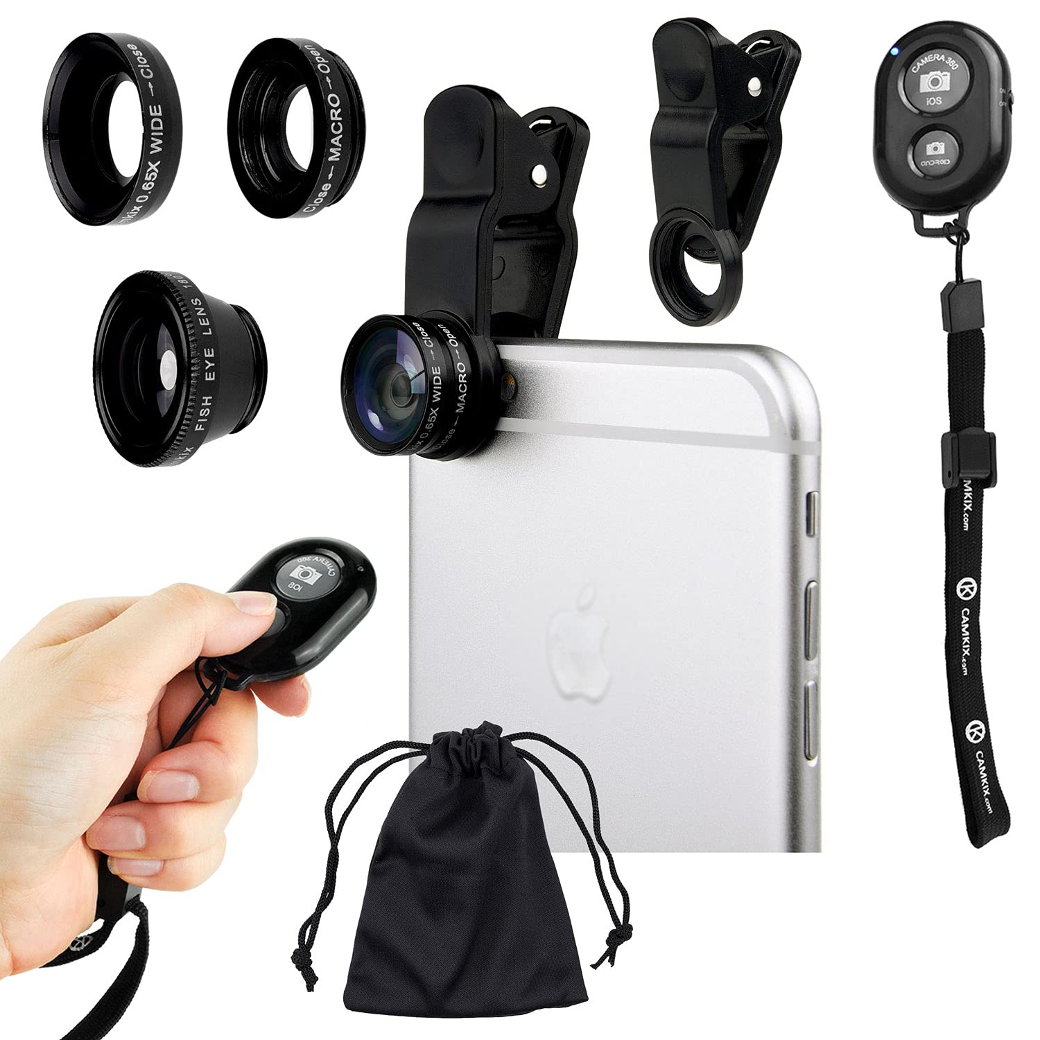 Universal 3in1 Camera Lens and Bluetooth Shutter Remote Kit for Smartphones, Including Bluetooth Camera Shutter Remote, Fish Eye, 2in1 Macro and Wide