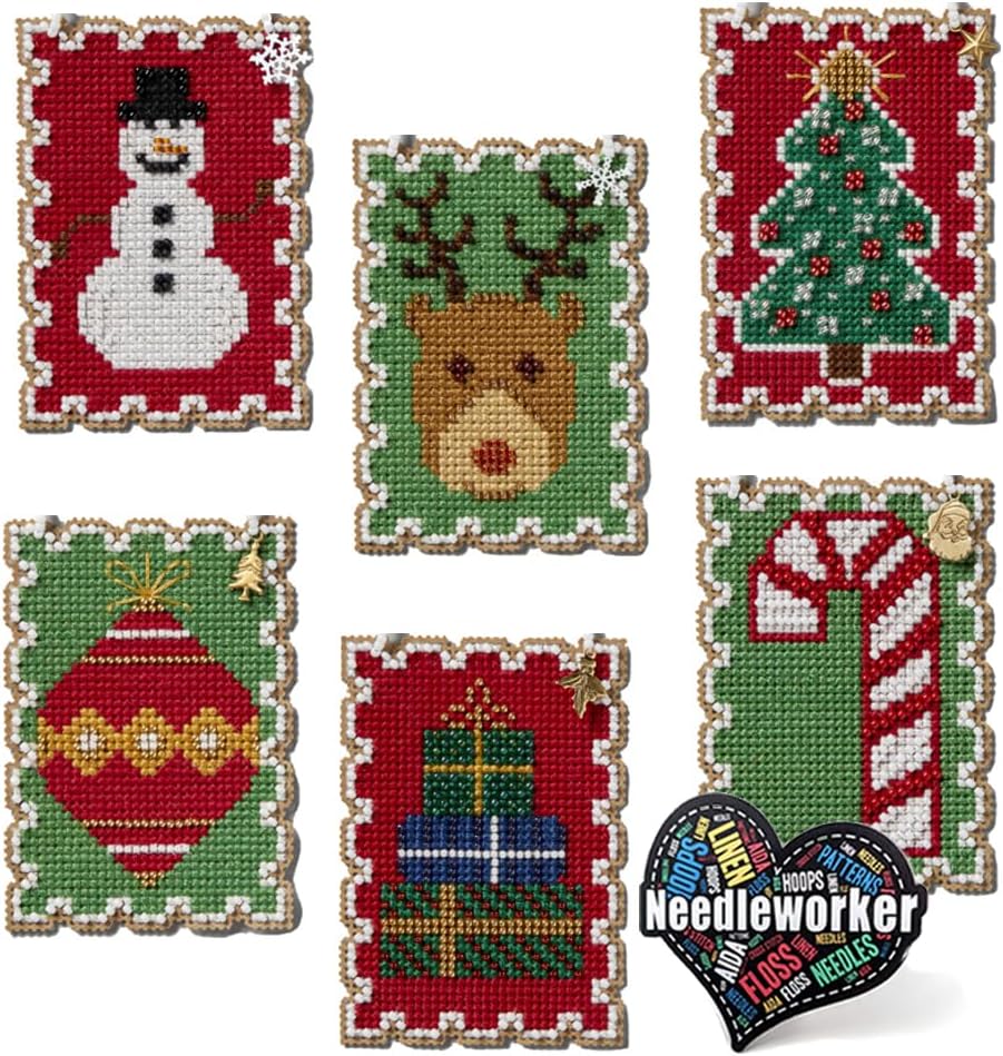 Holiday Stamps Charmed Ornament Beaded Cross Stitch Kits, Set of 6 - Mill Hill Ornament Kits 2024 - Plus Decorative 'Needleworker' Sticker