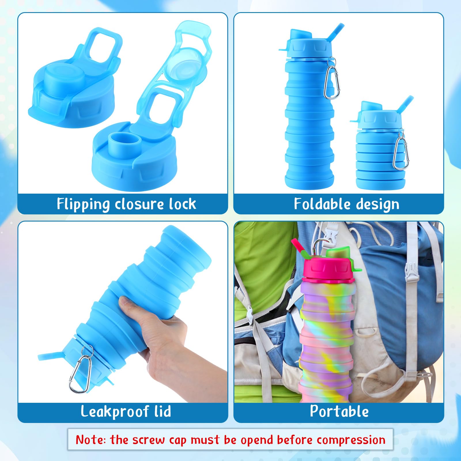 Layhit Faltbare Wasserflaschen aus Silikon, 482 ml, Reise-Trinkflasche, tragbar, faltbar, Sportflaschen, wiederverwendbar, erweiterbar, Wasserflasche für Outdoor, Schule, Wandern, Camping, 10 Stück