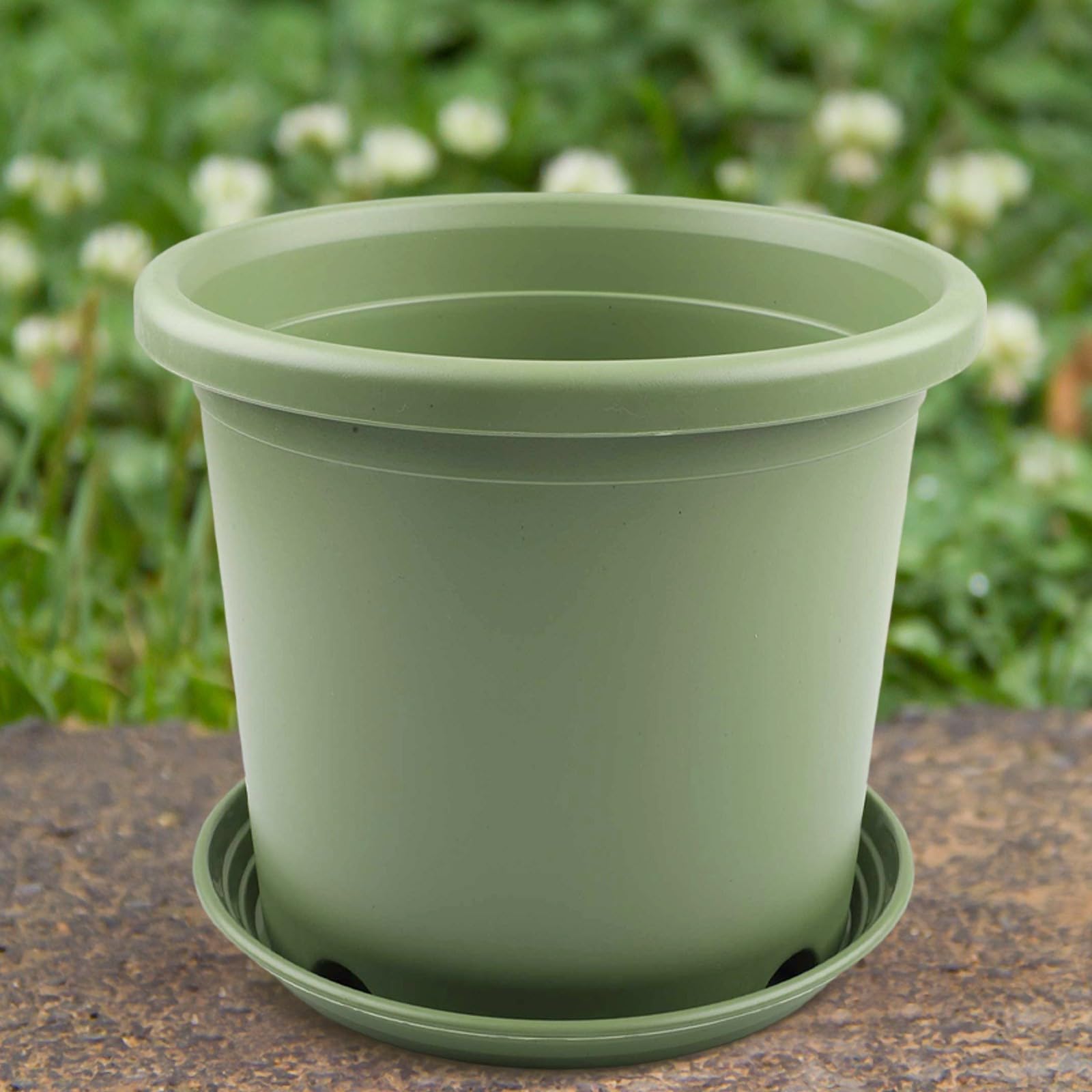 Macetas grandes de resina con agujeros de drenaje, contenedores de jardín verdes con bandejas, macetas de plástico para uso en interiores y exteriores, juego de cubos de flores resistentes para