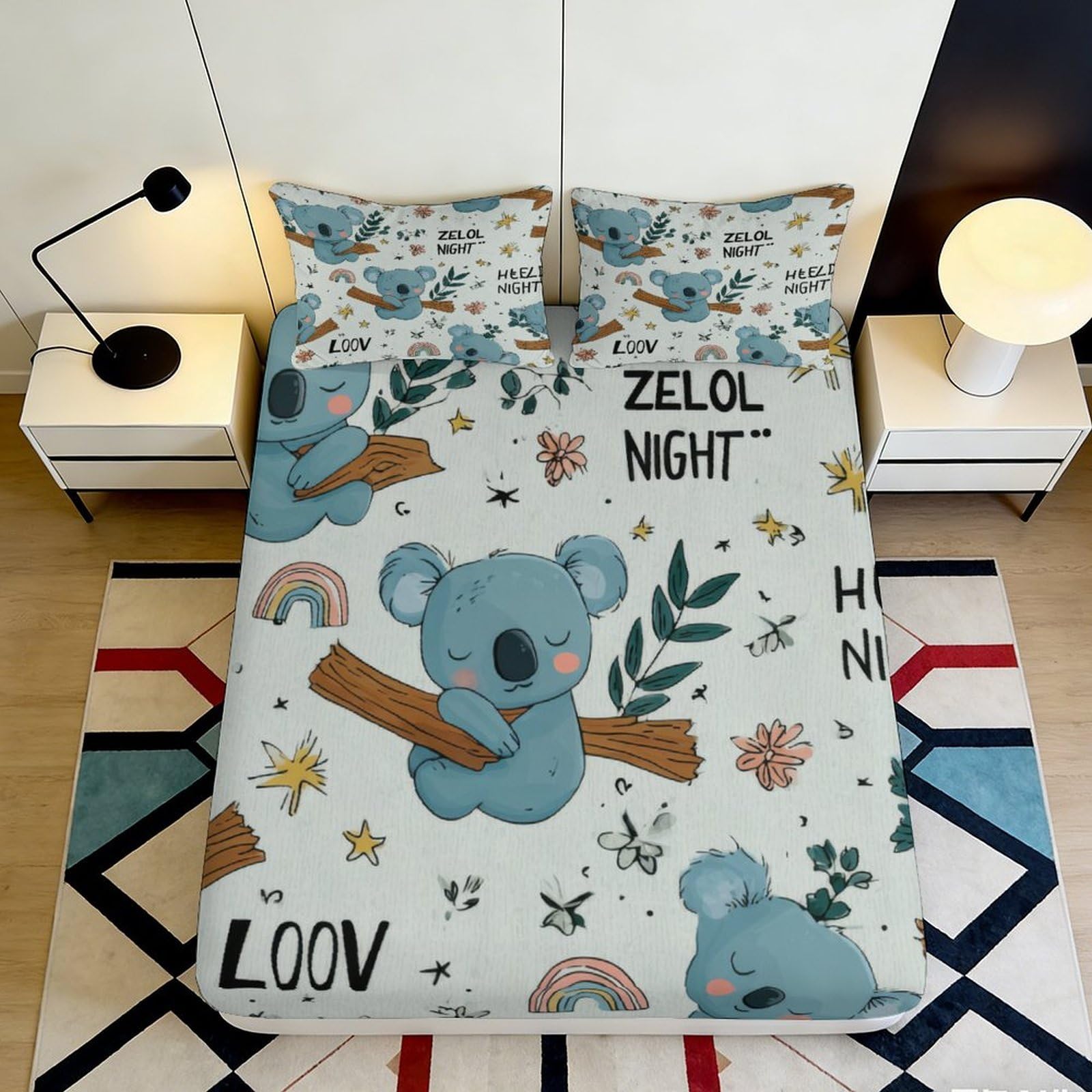 3D Printed Koala Fitted Sheet Microfiber Elastic Hem Bedroom Bedding Decor Koala Mattress Fitted Cover Washable Adult 140x200x25cm