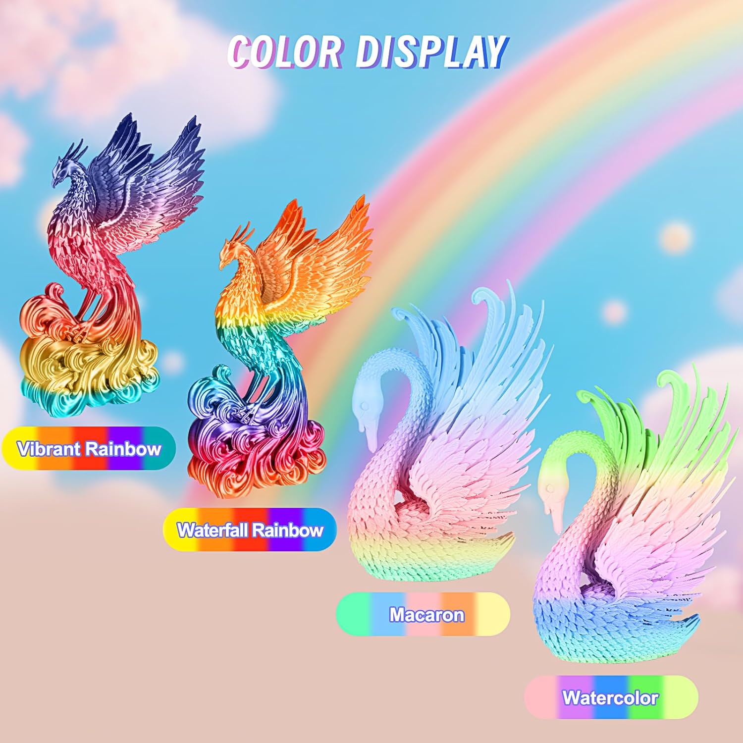 ERYONE Rainbow PLA Filament Bundle, 1.75mm +/-0.03 mm, Muti Color 3D Printer Filament 0.25kg/Spools, 4 Packs(2.2lbs), Matte Marcron, Matte Watercolor, Silk Vibrant, Silk Waterfall