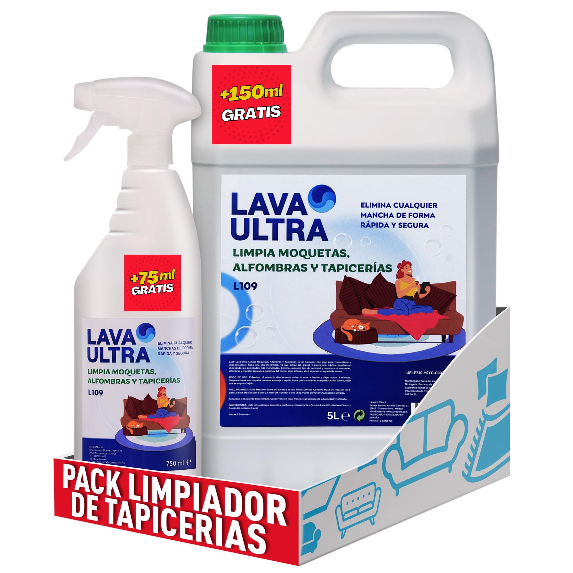 LavaUltra L109 Limpiador para Moquetas y Tapicerías, 5 Litros + Spray 750ml, Limpiador para Alfombras, Sofás y Textiles en Spray, Eficaz Contra Manchas Difíciles, Quitamanchas Profesional