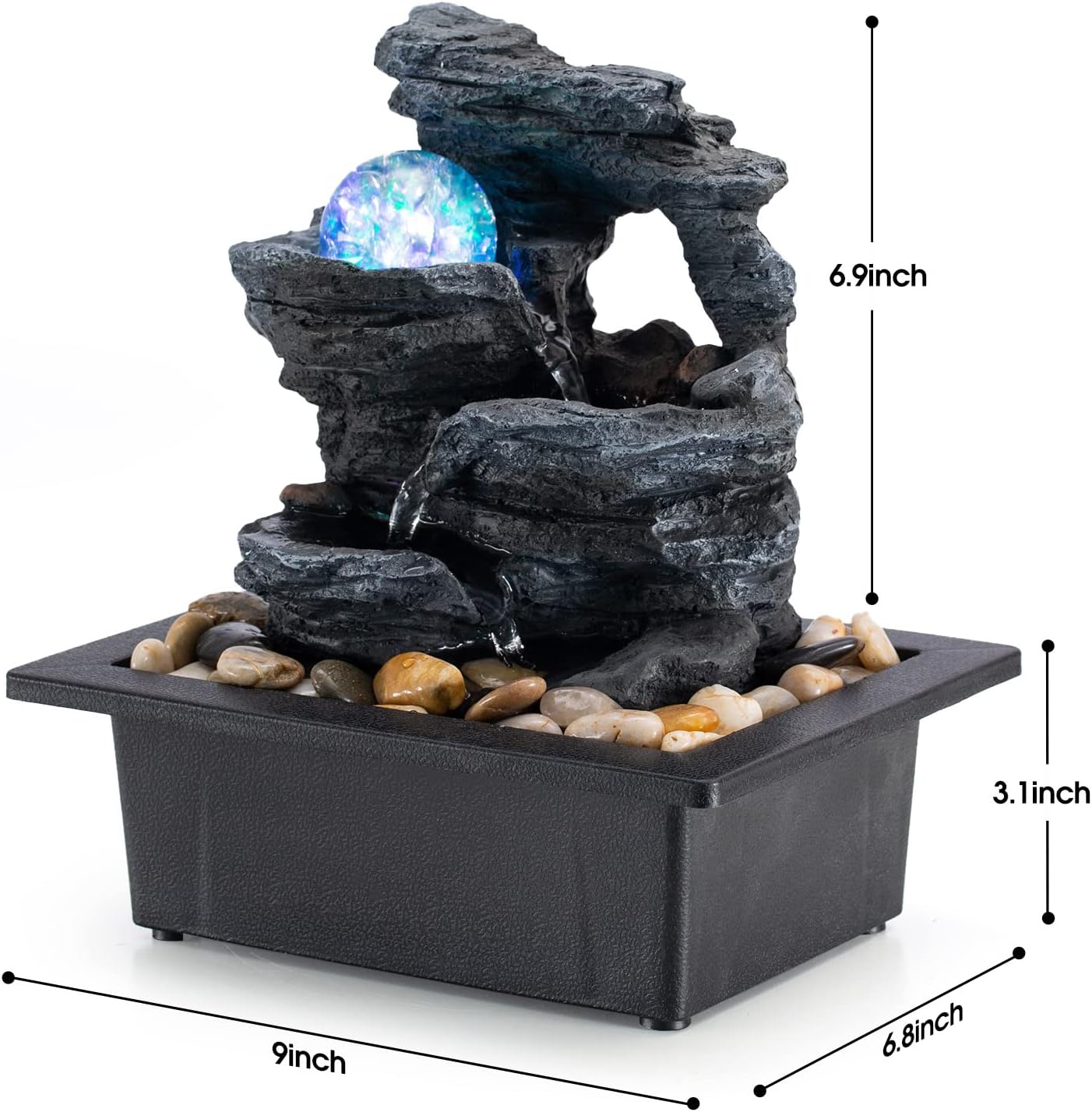 Amootek Tabletop Fountain Rotating Ball Rock Waterfall Fountain Office Includes Many Natural River Rocks Decorated with Colorful Lights, 9.05" L x 6.89" W x 10.23" H