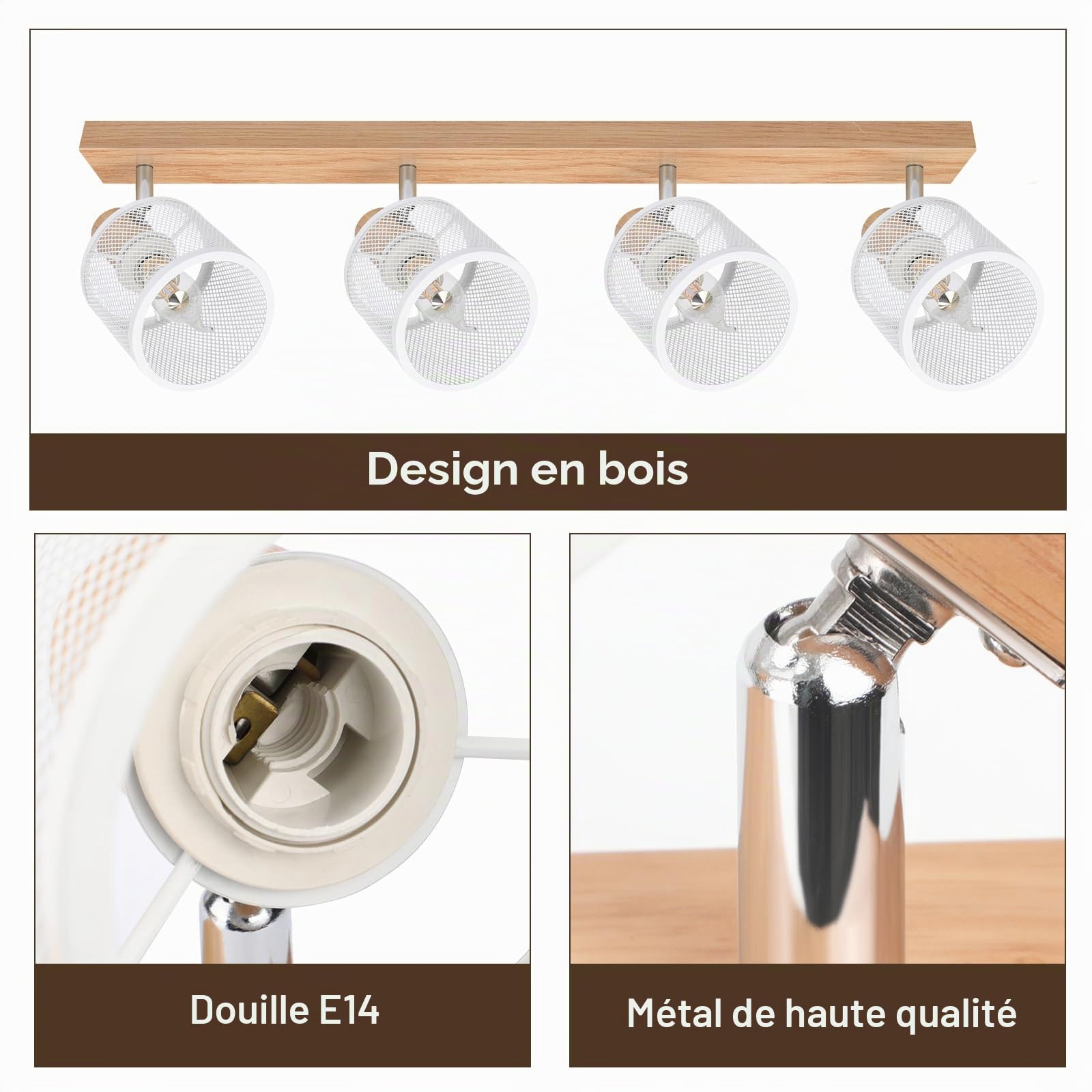 Plafonnier Moderne 4 Spots Orientables Bois et Métal Blanc, Douille