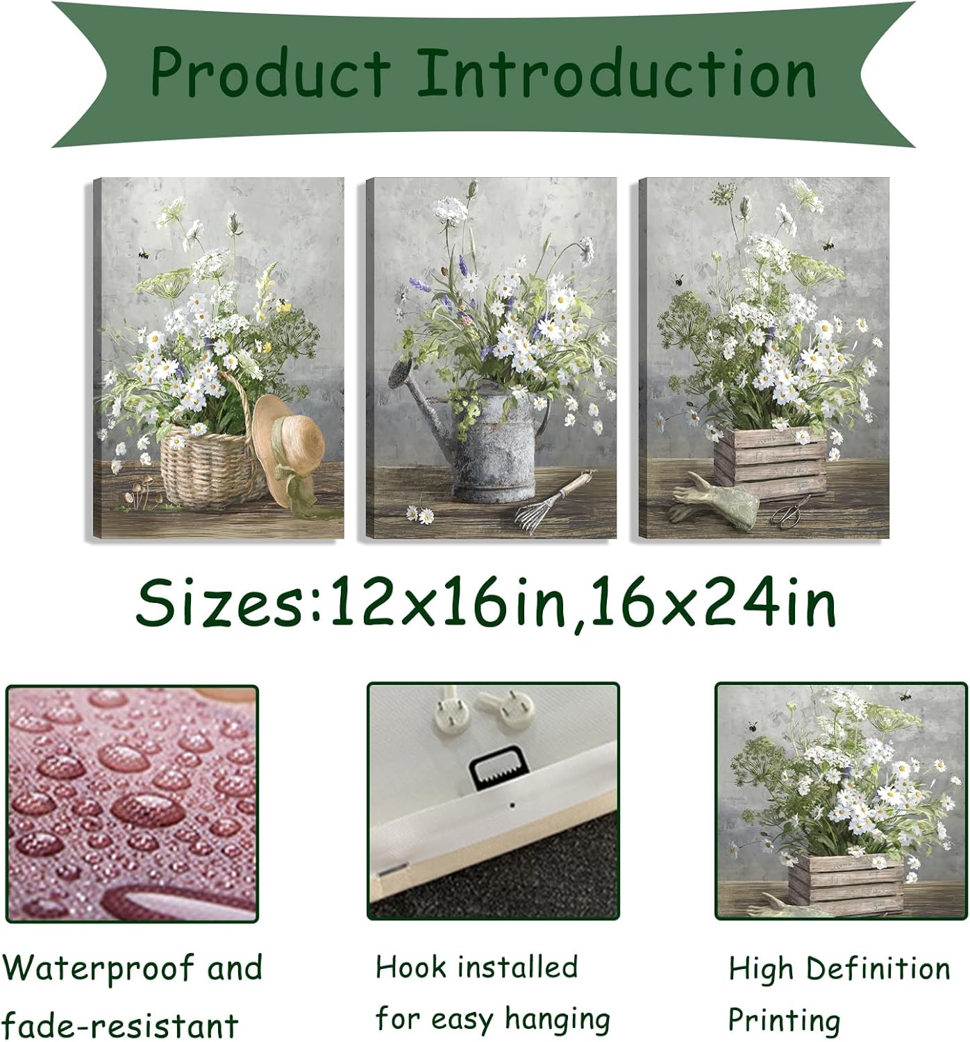 3pcs Country Daisies Canvas Wall Art Countryside Flower Painting Picture Wall Decor Farmhouse Still Life Basket Poster Print Artwork for Bathroom Bedroom Home Decoration 12x16in