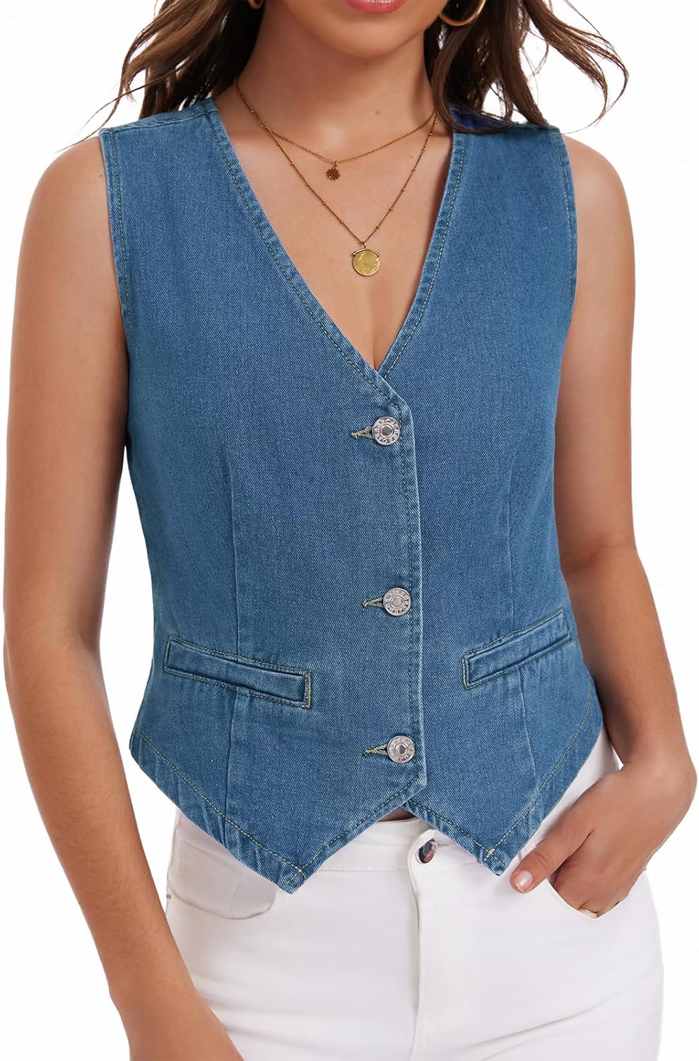 Womens Denim Vest Sleeveless V Neck Button Down Jean Jacket Y2K Summer Crop Tops - Image 5