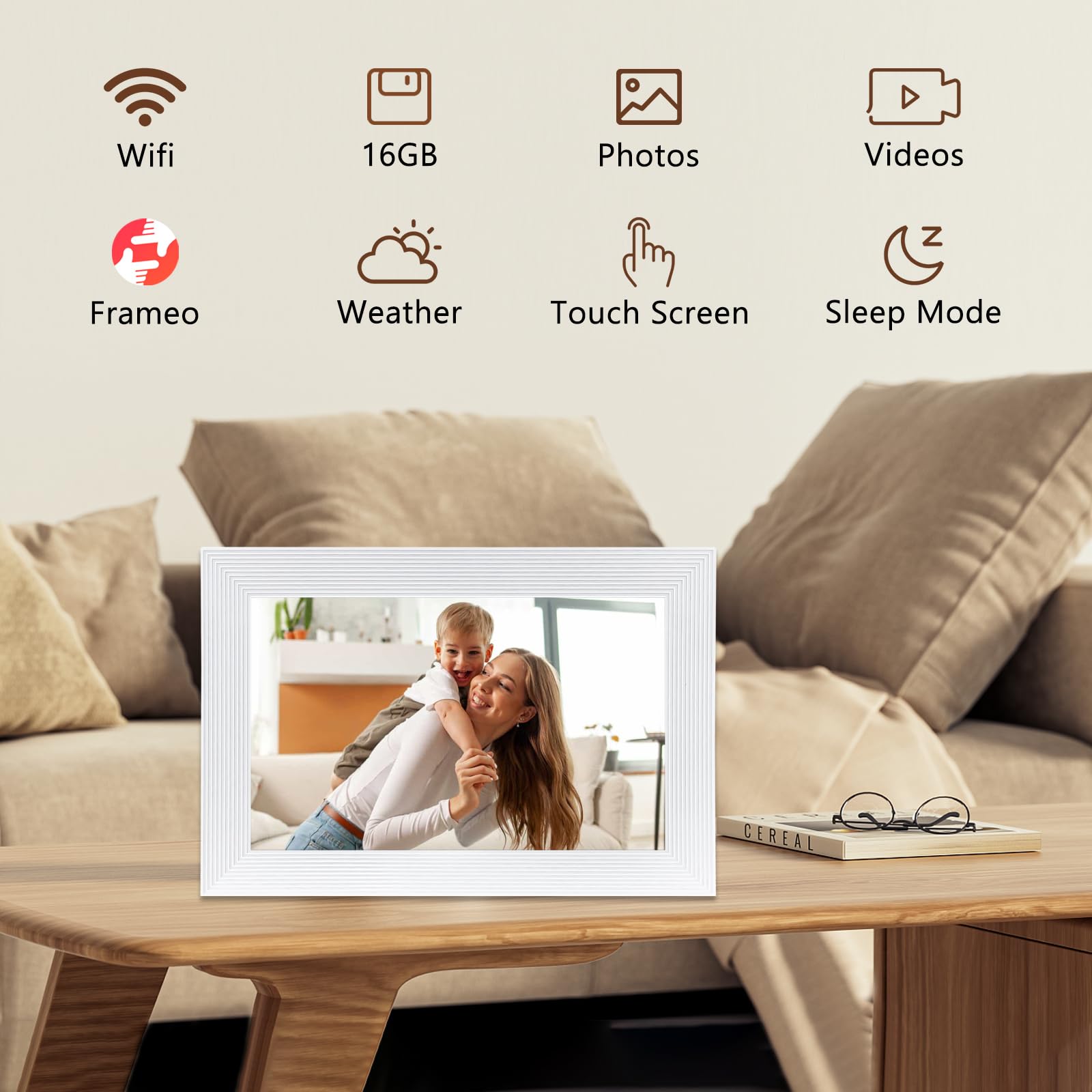 Digitaler Bilderrahmen WLAN Frameo.10,1 Zoll 1280×800 IPS-Touchscreen.16GB WiFi Digital Photo Frame.Fotos und Videos über die Frameo-App teilen.Weiß.