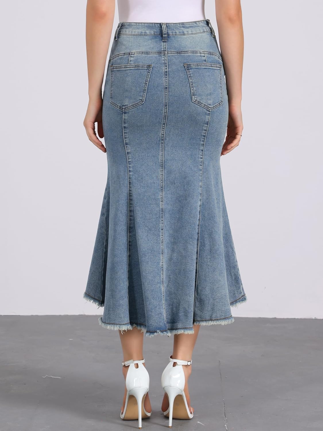 Allegra K Women's Washed Fishtail Denim Skirt High Waist Raw Hem Fashion Casual Midi Jean Skirts with Pockets - Image 4