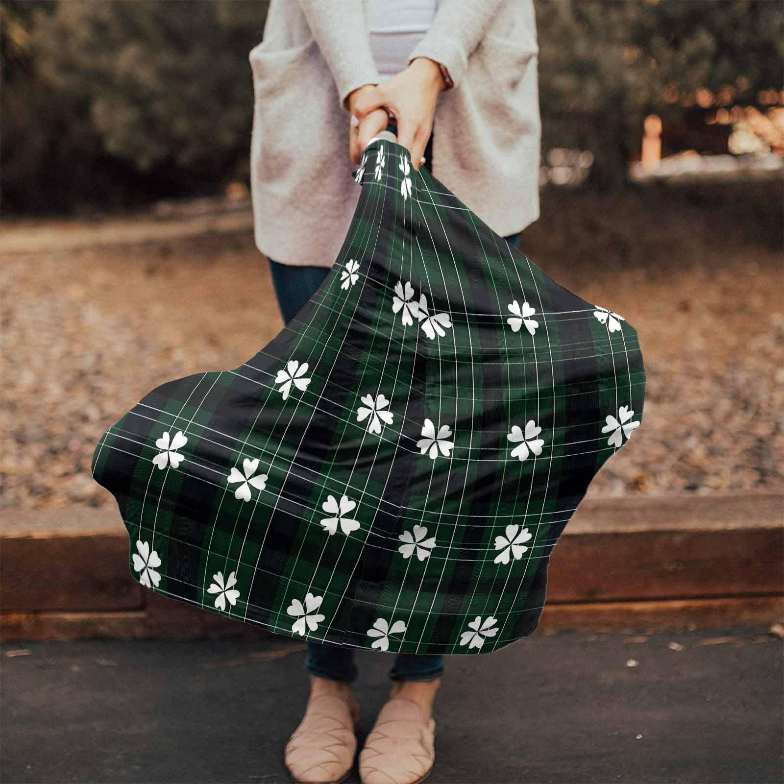 Nursing Cover for Breastfeeding Scarf, St. Patrick's Day Black Green Plaid White Shamrocks Baby Car Covers Super Soft Multi Use for Canopy Shopping Cart Cover Blanket Stroller Cover