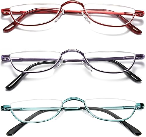 DXYXYO Lentes de lectura de media luna para mujeres y hombres, pequeños lectores de bisagra de resorte de metal con marco semimonar