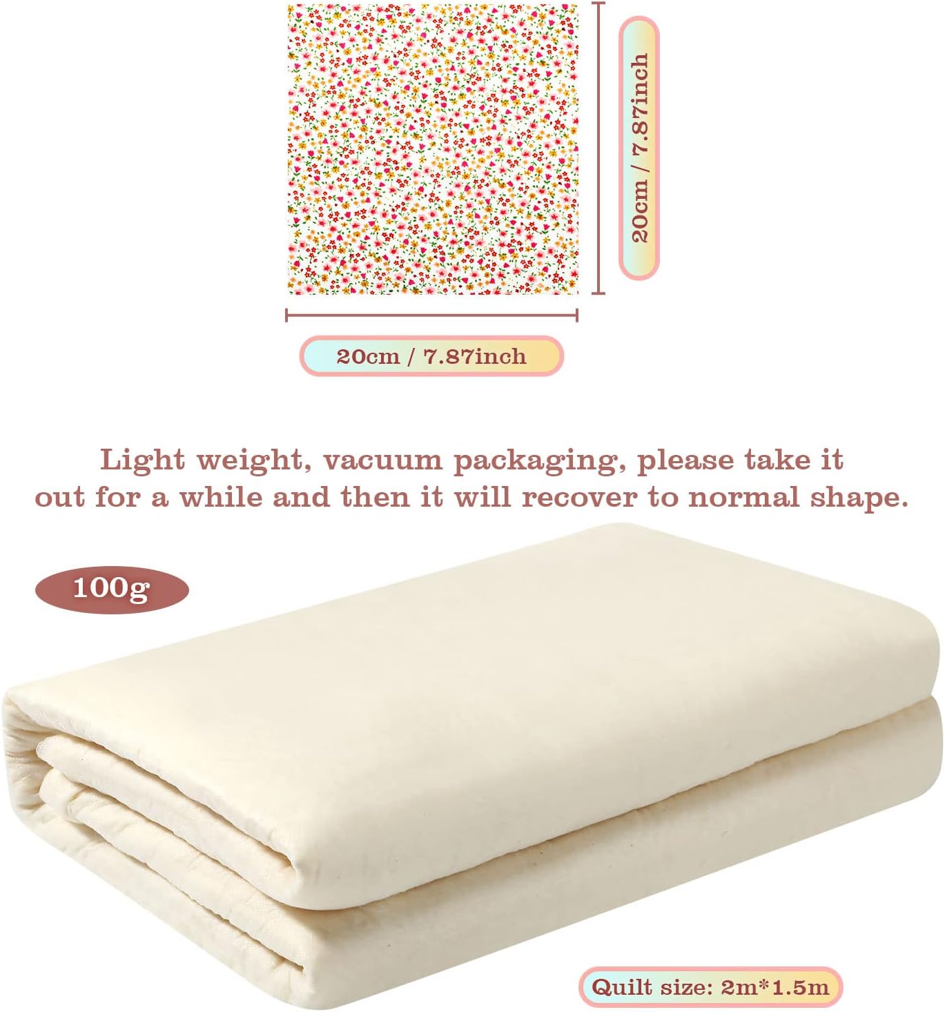 Tatuo Quilt Batting and 50 DIY Fabric Warm and Natural Cotton Thin Batting for Quilts Printed Pattern Squares Crafting Fabric Bundles for Sewing Supplies Patchwork Accessories