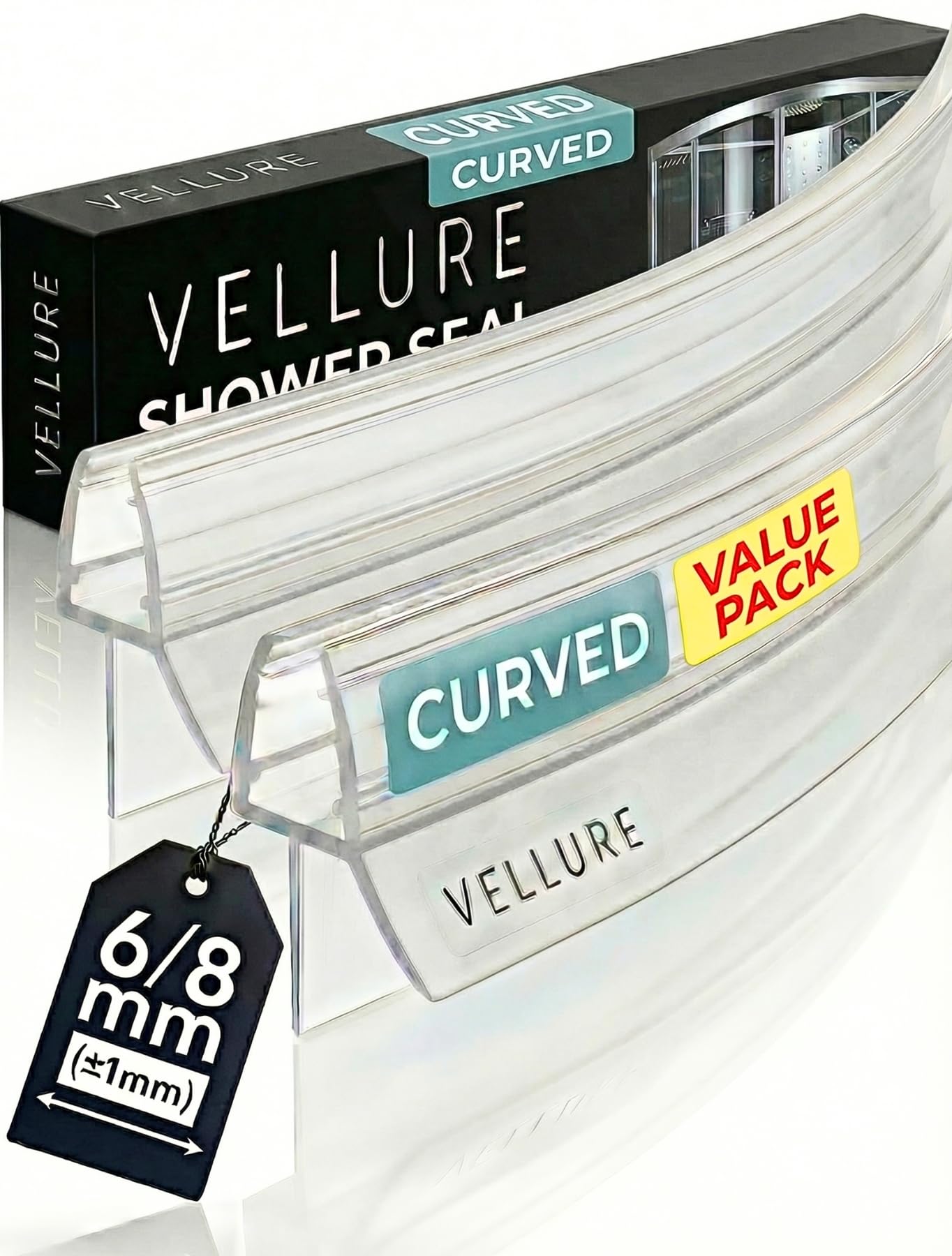 Vellure 2X Curved Shower Screen Seal Strip, Premium Shower Door Seal Strip for 6 mm (+-1) Shower Glass Thickness, Shower Seal Strip, Long Lasting PVC Finish, Transparent, Universal Length up to 90cm