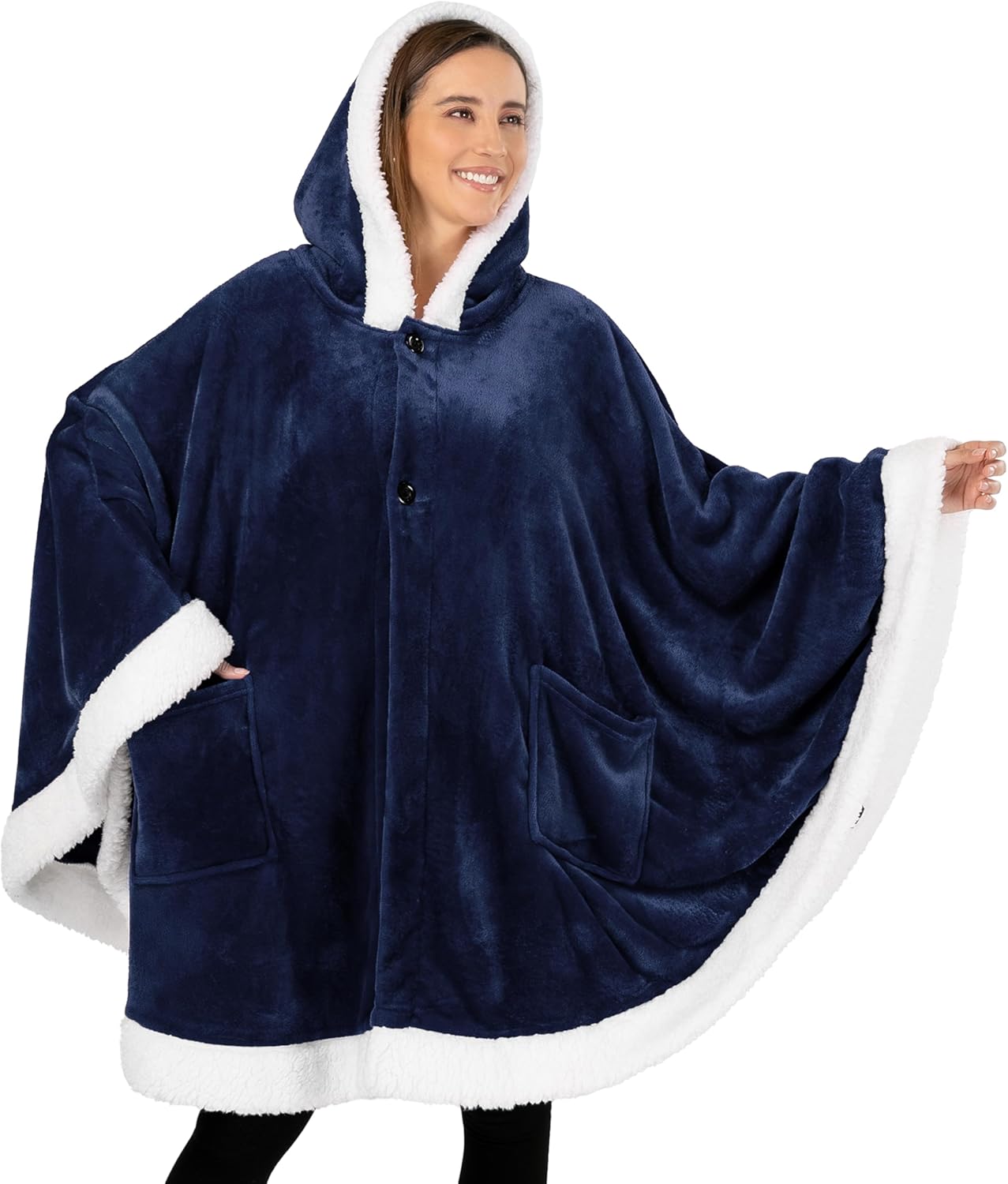 PAVILIA Wearable Blanket for Adult Women, Cozy Plush Fleece Blanket Poncho Cape with Hood, Super Soft Shawl, Angel Wrap Throw for Office, Navy Blue
