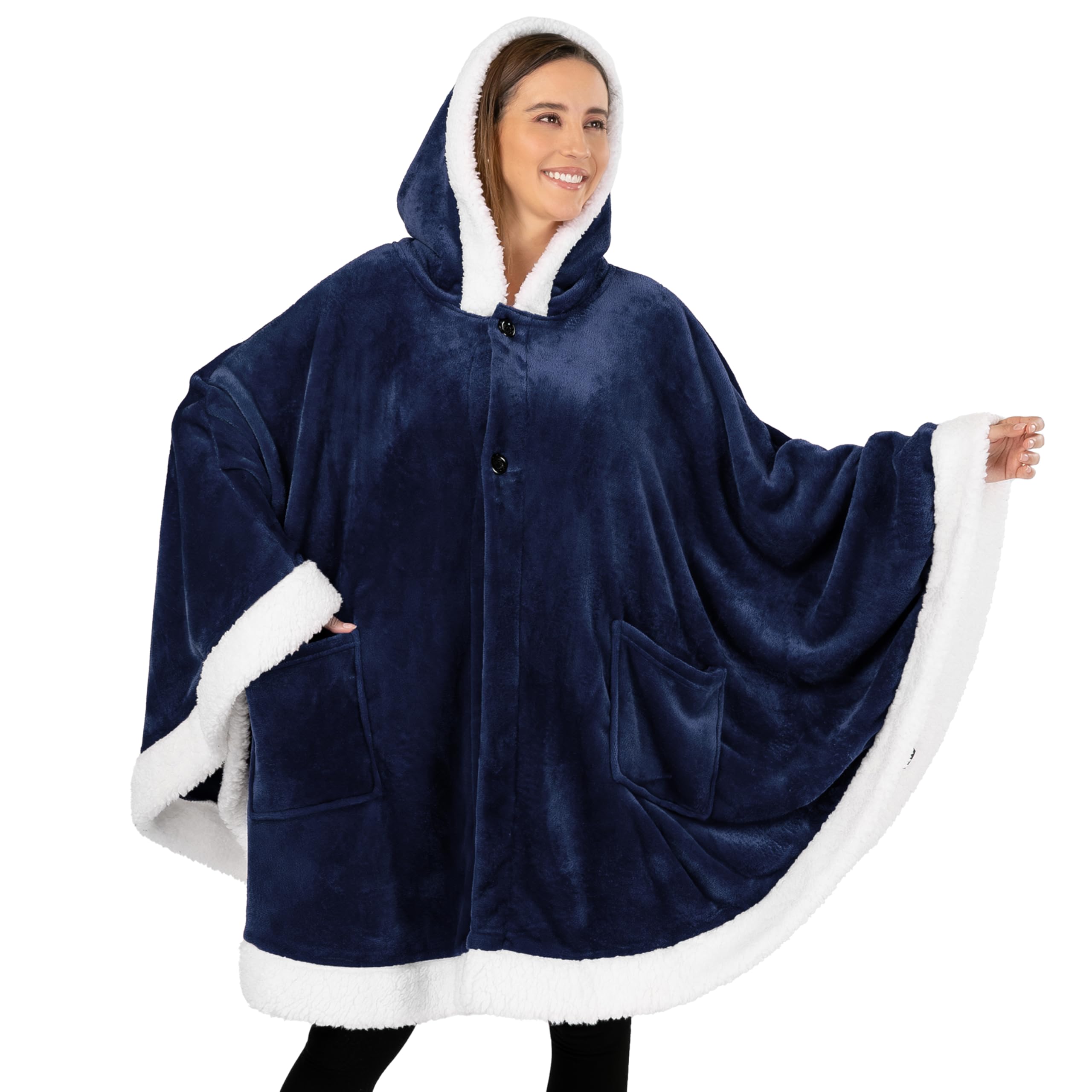 PAVILIA Wearable Blanket for Adult Women, Cozy Plush Fleece Blanket Poncho Cape with Hood, Super Soft Shawl, Angel Wrap Throw for Office, Navy Blue