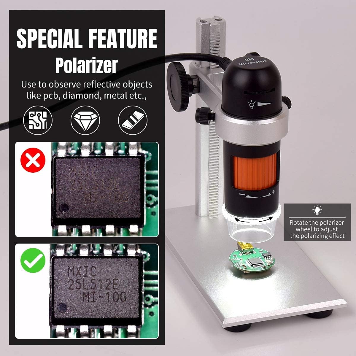 Digital USB Microscope with Polarizer, True 5MP Handheld Coin Digital Microscope with Metal Stand Compatible with Windows and MacBook for SMD Soldering Work Jewelers Coins Collection (5MP)
