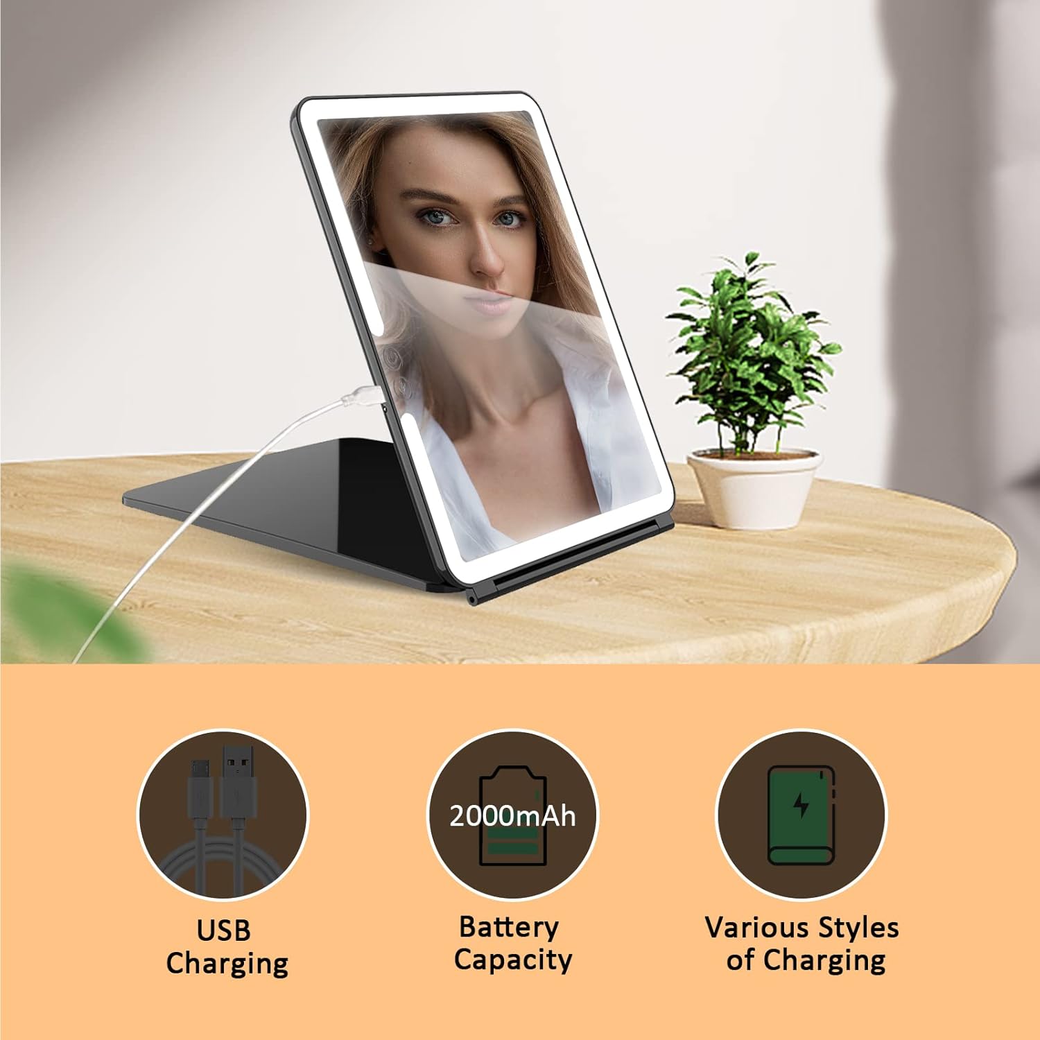 LED Light Travel Makeup Mirror, 3X 5X Magnifying Vanity Mirror USB Charge Foldable Standing Mirror Touch Screen 3 Colors Brightness Adjustable Portable Cosmetic Mirror for Travel Makeup