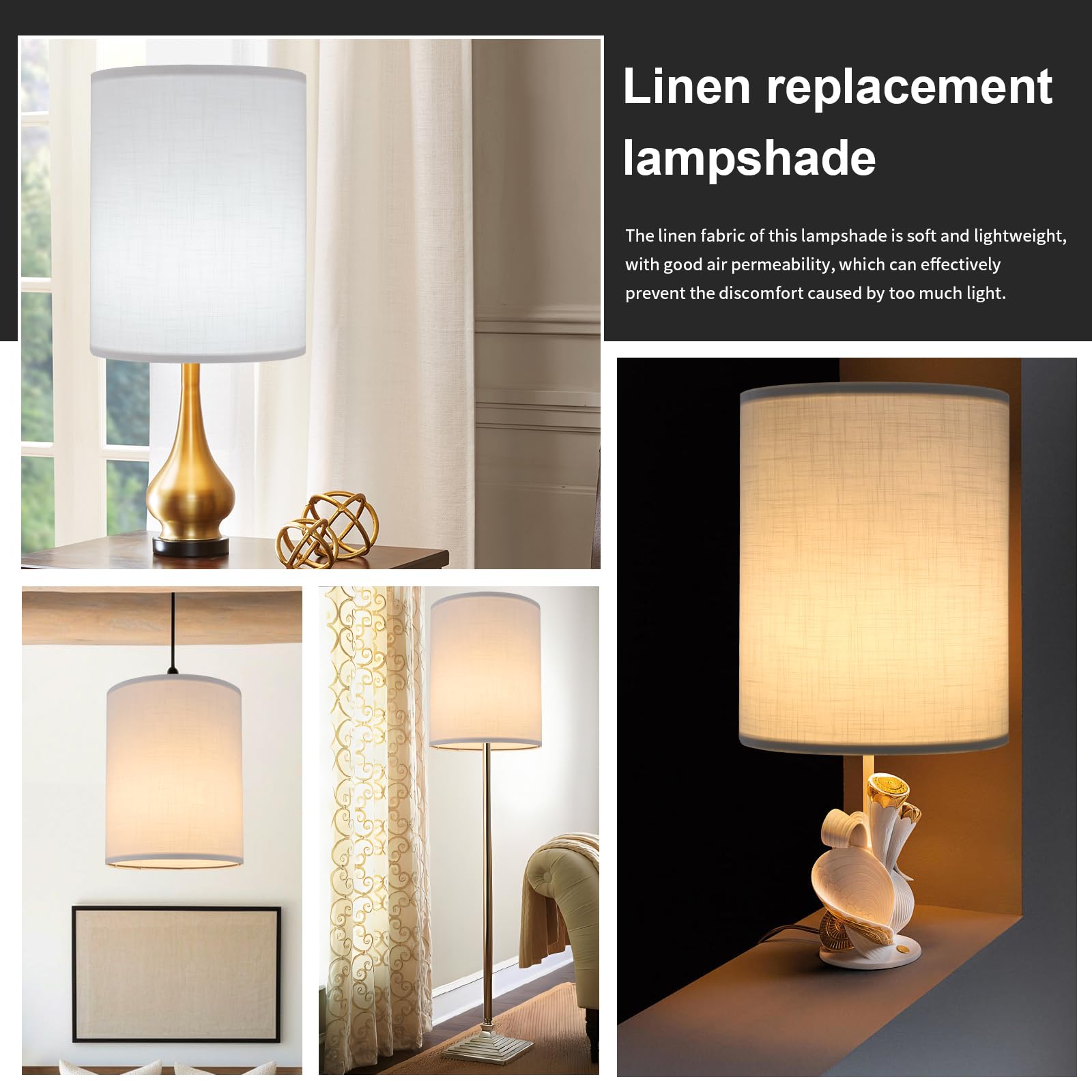 White Linen Tall Drum Lampshade, 10" X 10" X 13" Lamp Shade