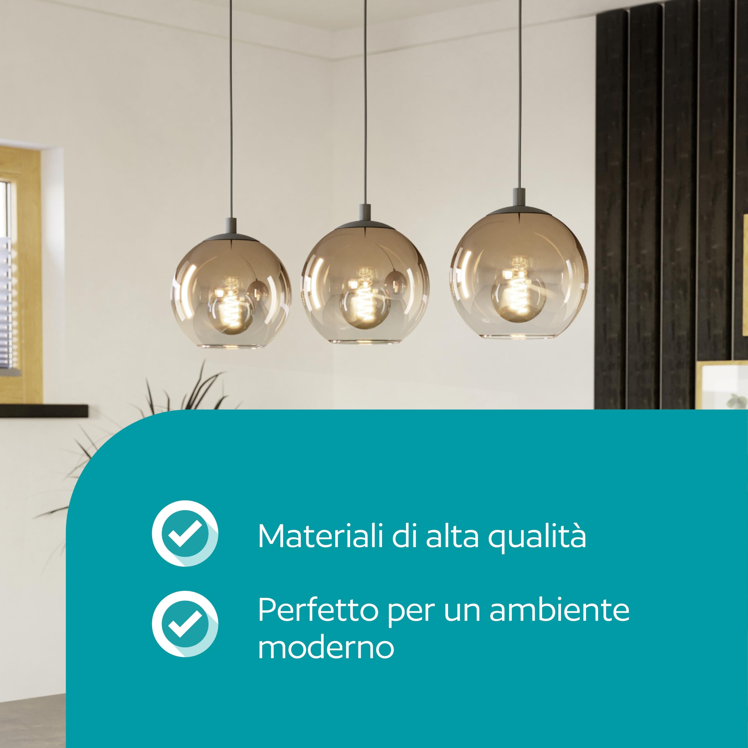 Eglo Lampada a sospensione Ariscani 1, a 3 luci, lampadario per tavolo da pranzo, in metallo nero e vetro color rame, attacco E27, Ø 76,5 cm
