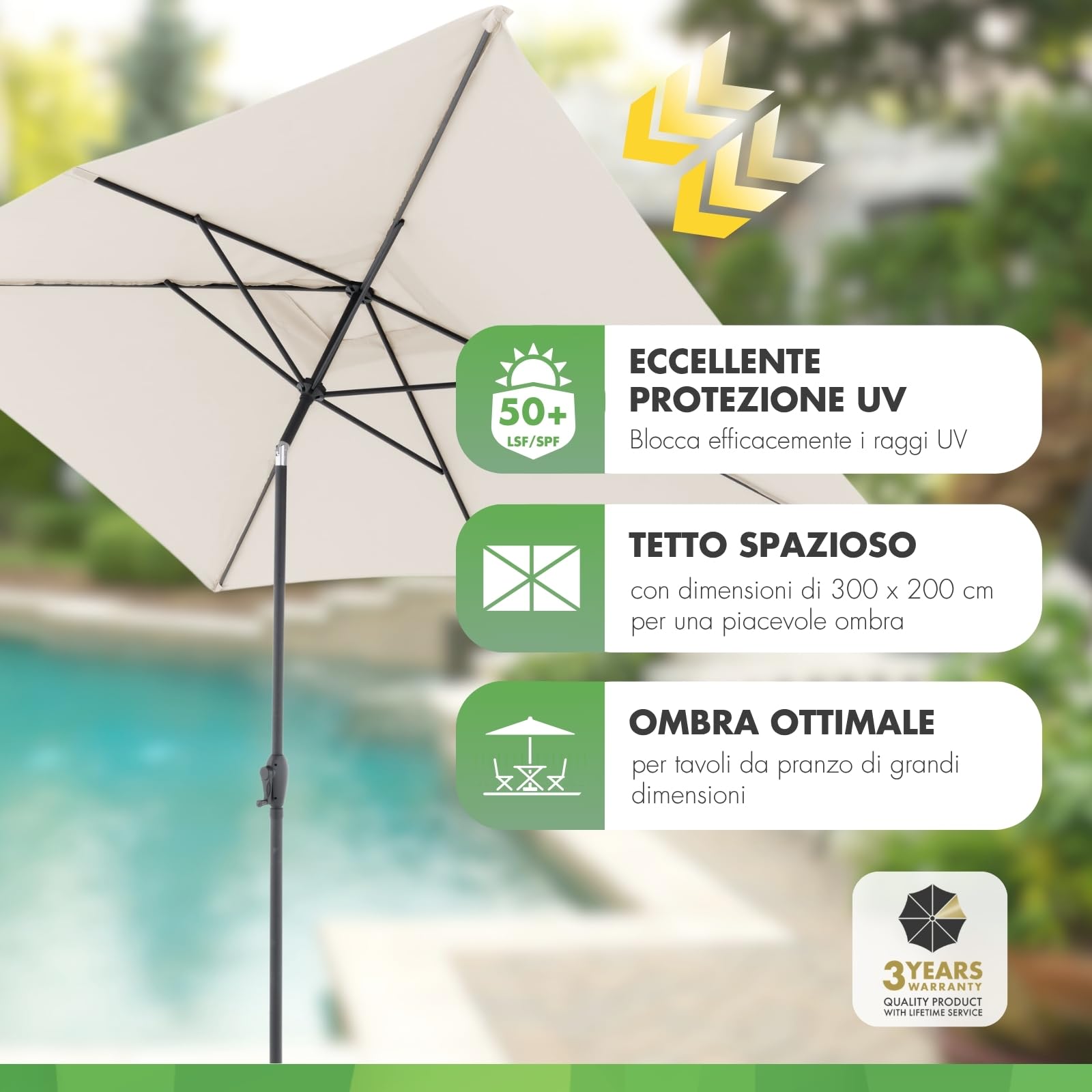 doppler ombrellone Jack 300x200 cm, Naturale, manovella, giardino, UV 50+