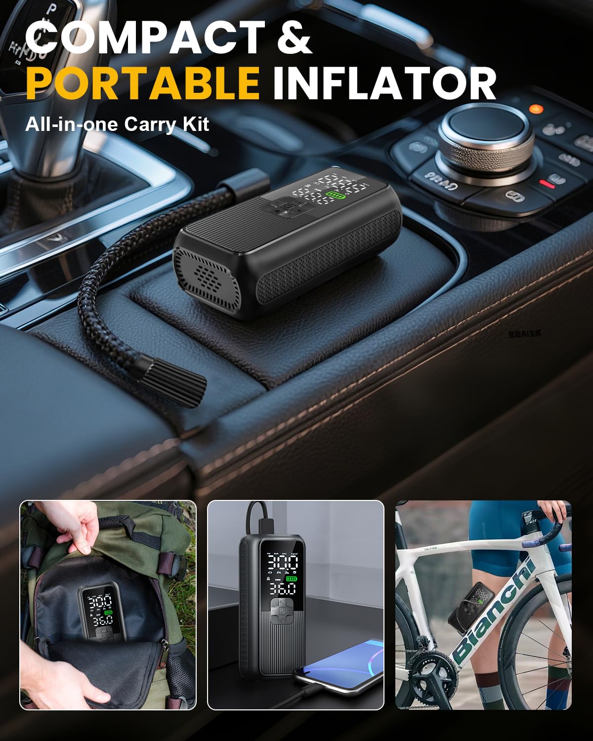 Tire Inflator Portable Air Compressor, Electric Air Pump for Car, Motorcycle, Bike, Balls with Tires Pressure Gauge, 150PSI Air Compressor Portable, Tires Pump with LED Light & Auto Shut-Off