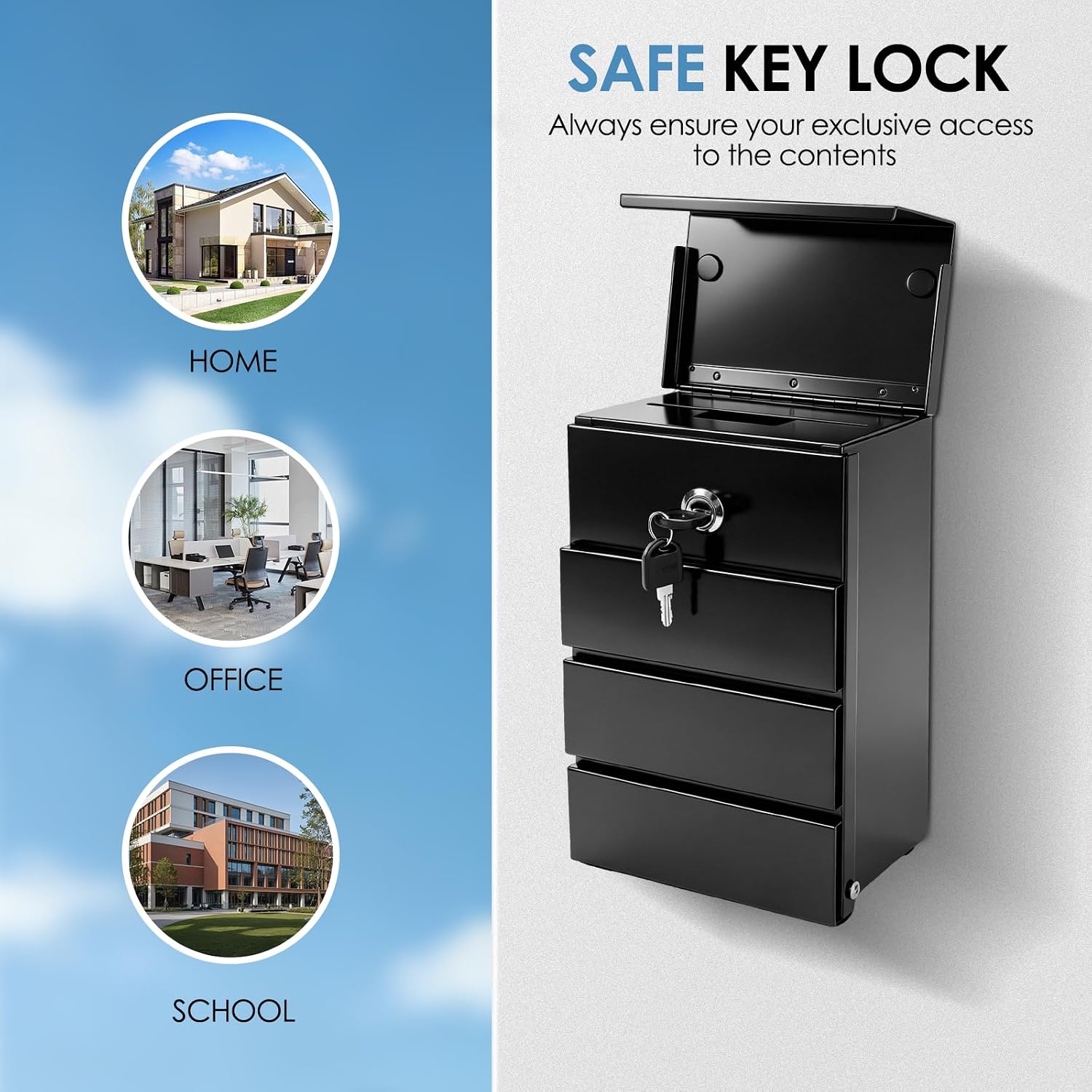 Black Steel Secure Outdoor Drop Box | Lockable, Wall-Mounted, For Keys, Mail, Payments, and Envelopes, Robust & Durable, For Homes, Offices, and More