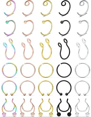 SCERRING Fake Septum Nose Hoop Rings - Stainless Steel Faux Lip Ear Septum Ring Non Piercing Clip On Body Piercing Jewelry 30PCS