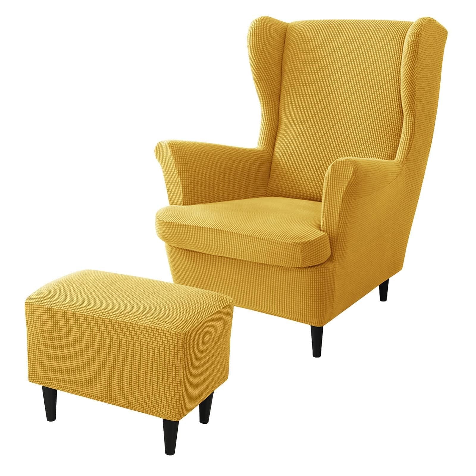 Housse de fauteuil jaune extensible avec housse repose-pieds lavable