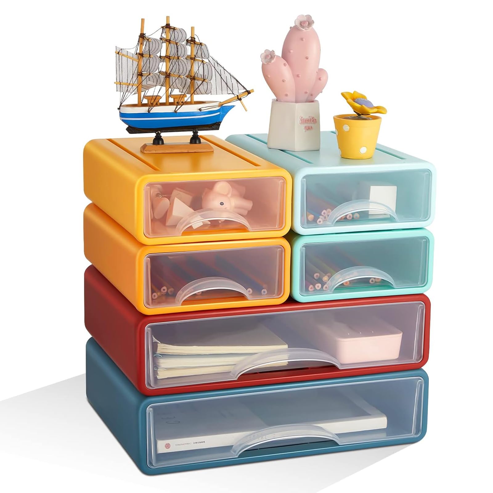 6 Stück Organizer mit Schubladen Stapelbare Bunte Schubladenbox Aufbewahrungsbox Kunststoff Lagerung Schubladen für Bürobedarf, Bleistifte, Marker, Klebeband, Radiergummis