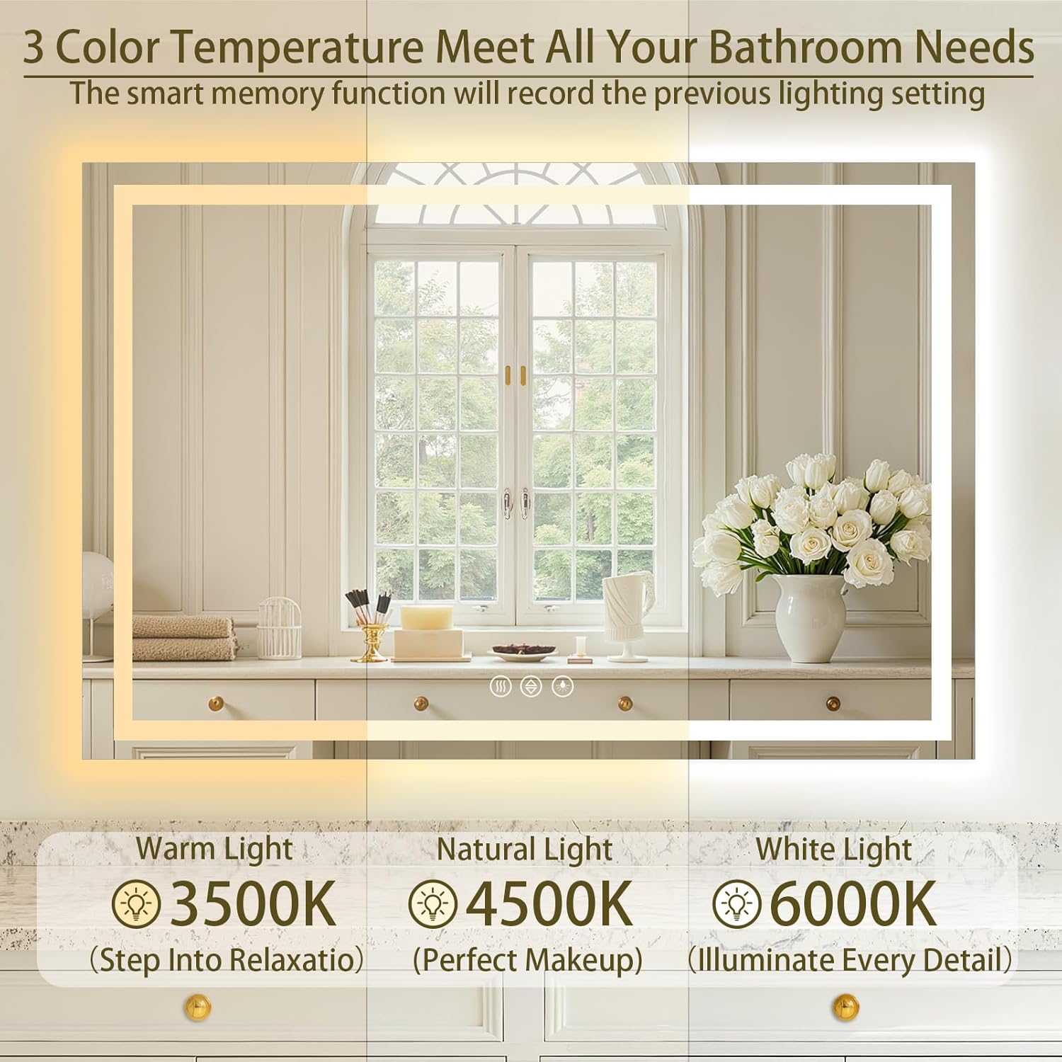 60X36 Large LED Bathroom Mirror with Lights, Anti-Fog, Dimmable Brightness, Backlit + Front Lit, 3 Colors, Lighted Bathroom Vanity Mirror for Wall, Memory Function, Shatterproof Tempered Glass