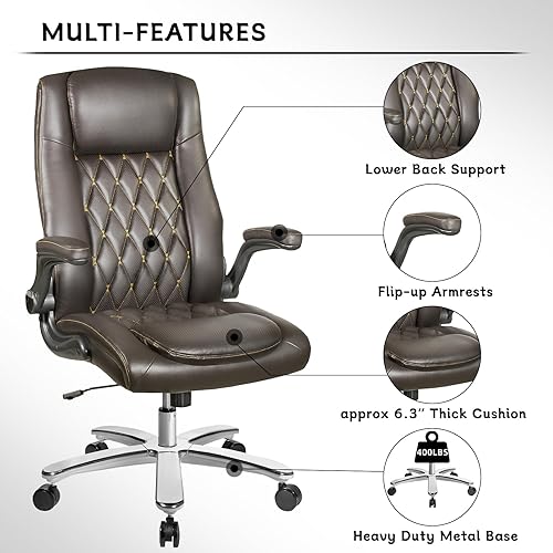 Miniatura 5 de Modoway Executive Office Chair Heavy Duty 400lbs High Back Ergonomic Leather Office Desk Chair with Flip-Up Arms and Lumbar Support Brown-1Unit