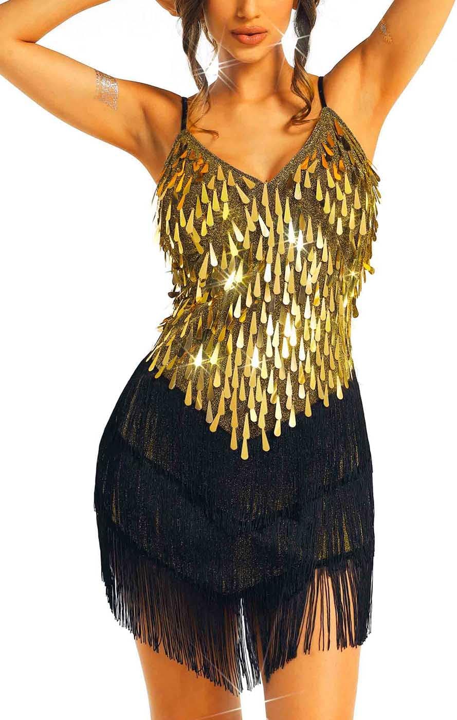 REETAN Sparkle Sequin Fringe Mini Dress VNeck Sleeveless