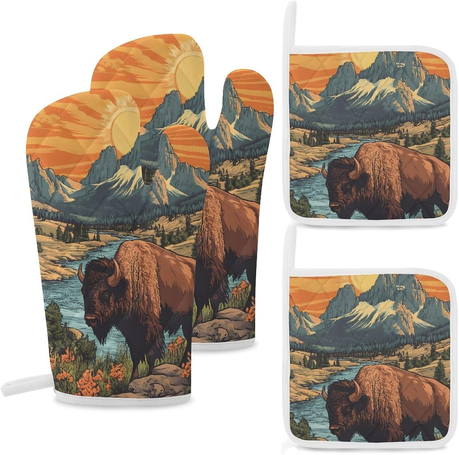 Vintage Bison in Mountains Oven Mitts and Pot Holders 4Pcs Set Heat Resistant Cooking Mitts Hot Pads