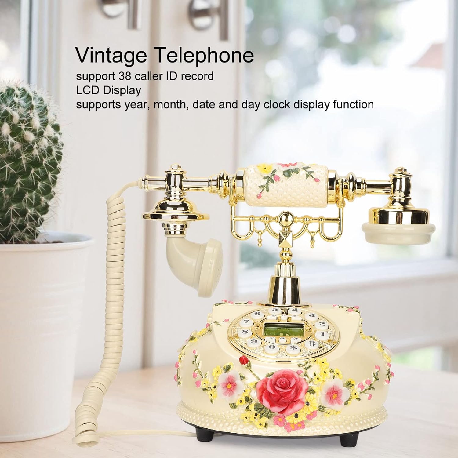 Hilitand Retro Vintage Telephone, Rotary Dial Antique Home Phone Flowers Old Fashioned Corded Phone with FSK DTMF Redial Number Storage Function Corded Landline for Home Office Decorative