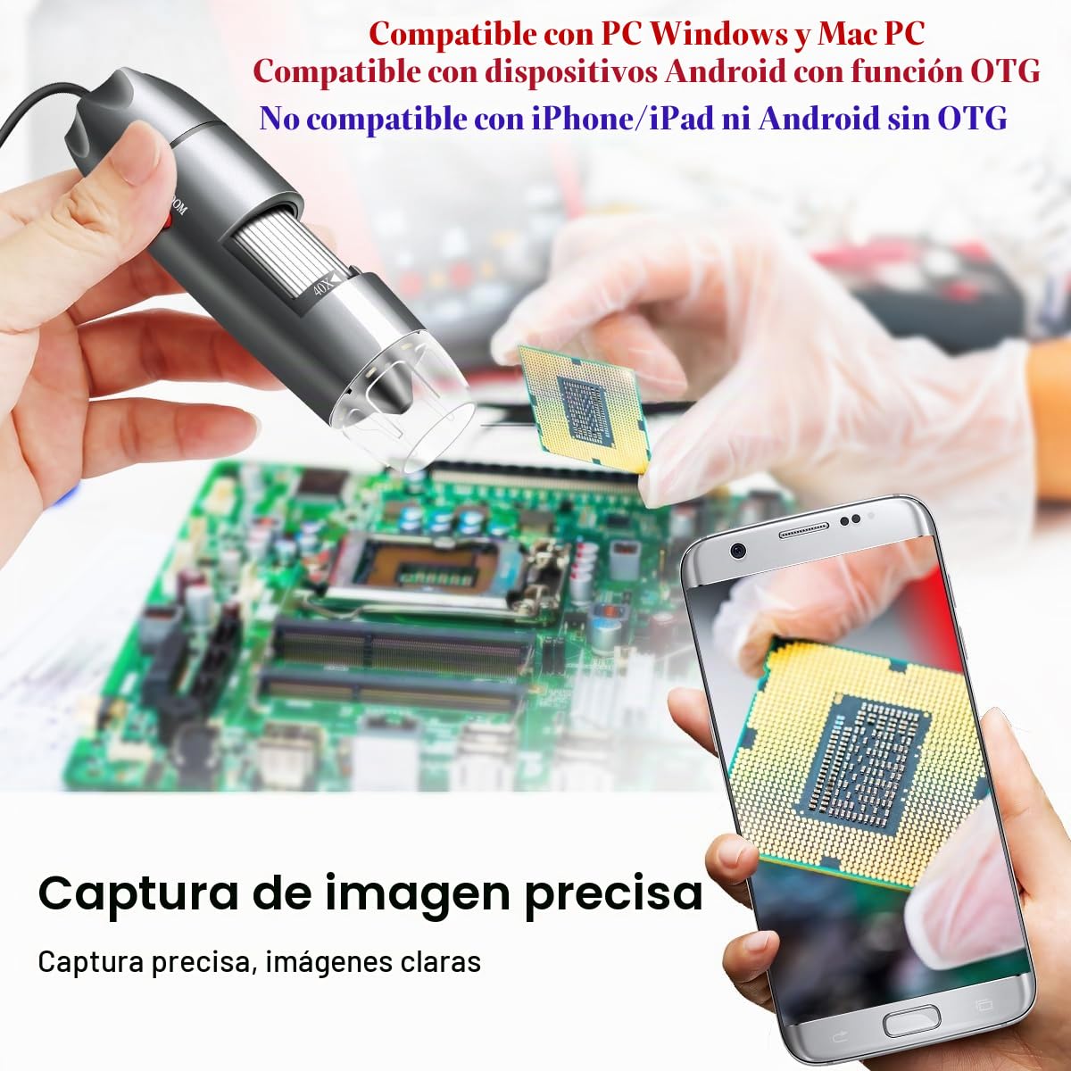 Cámara de microscopio USB de 40X a 1000X, microscopio Digital con Estuche de Transporte, Compatible con Android Windows 7 8 10 Linux Mac, microscopio portátil para niños, Estudiantes y Adultos (Gris)