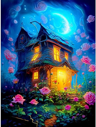 FHBUBPUP Kits de pintura de diamantes para adultos, kits de arte de diamantes de cabaña de bosque de fantasía para niños, manualidades mágicas de