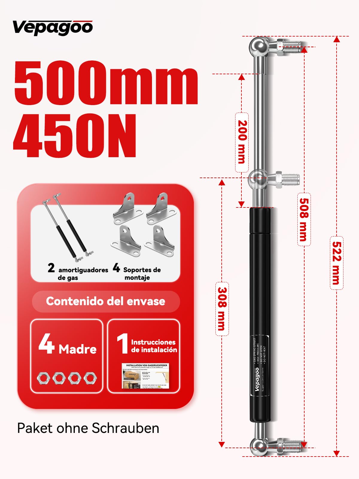 Vepagoo Amortiguador de gas de 500 mm, 450 N/45 kg, con muelle de gas en forma de L, soporte para cubierta de barco, carga pesada, cubo de basura, puerta de cobertura, ventanas y otros proyectos