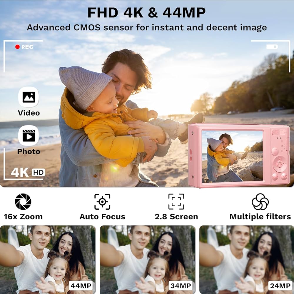 デジタルカメラ、64GB SDカードを含む、16倍ズーム Amazon | デジタルカメラ、16倍デジタルズーム、FHD 1080P 44MP