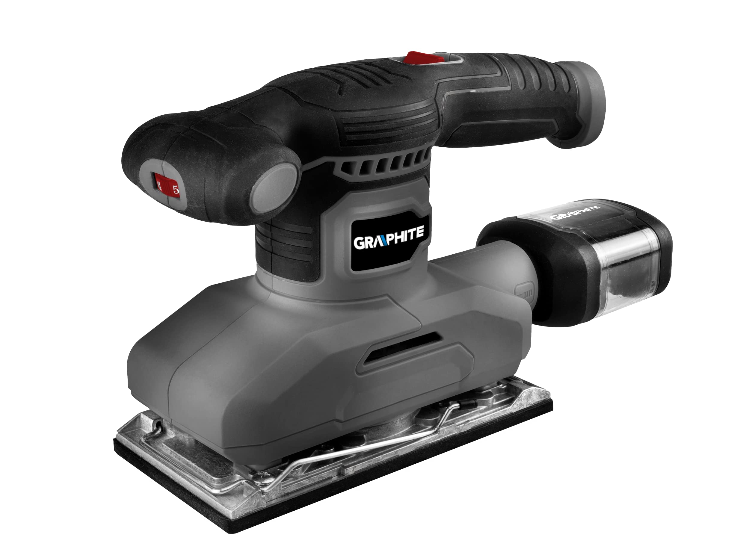 GRAPHITE Lijadora vibratoria 260 W, estructura 90 x 187 mm, oscilación 7000-13000 min¹, amplitud de oscilación 0,8 mm, accesorios: papel de lija, depósito de polvo con filtro - 1 unidad, masa 1,7 kg