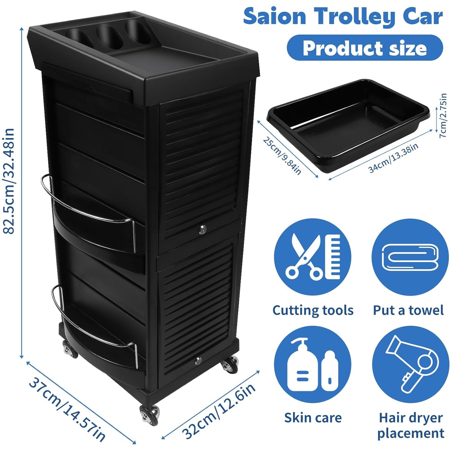 EBANKU Black Salon Trolley Cart with Wheels, Locking Salon Beauty Rolling Trolley Carts Hair Salons Storage Cabinet Barber Organizer Tool Multi Drawers Rolling Cart for Hair Supplies