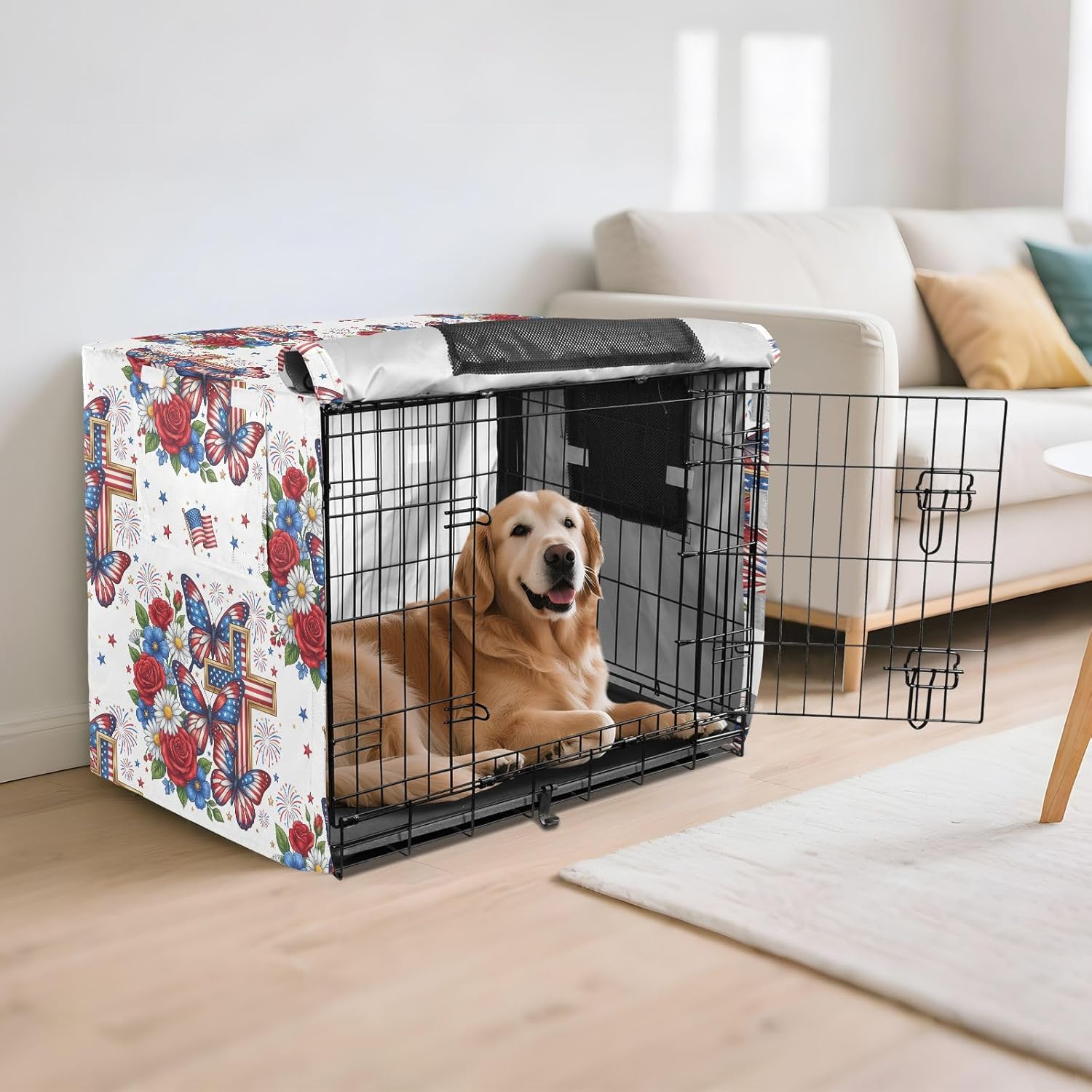 Duty 600D Silver Coated Dog Crate Cover, Water-Resistant Butterfly Pet Kennel Canopy with Mesh Windows for Optimal Ventilation, Universal Fit for Standard Wire Cage, Indoor & Travel
