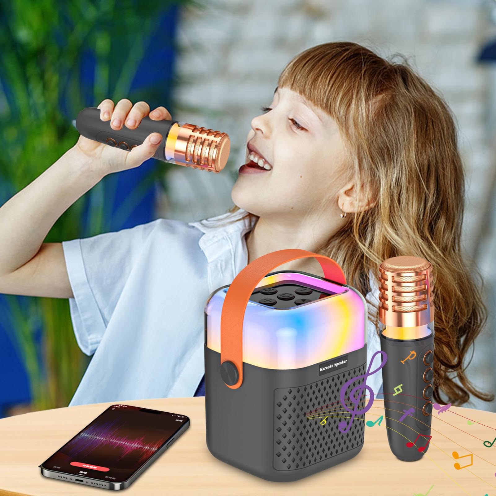 Micrófono Karaoke Portátil Altavoz Inalámbrico con 2 Micrófonos