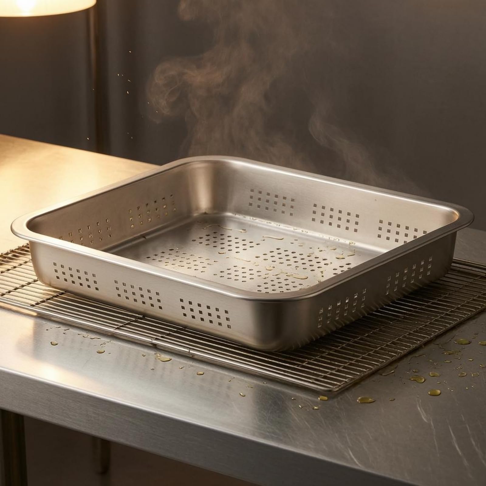 Vassoio Fondo Piatto Angoli Arrotondati Finitura Argento Vassoio Forato in Acciaio Inox Ventilato Recipiente, Vassoio Quadrato Perforato 304, 70×50×4.8cm