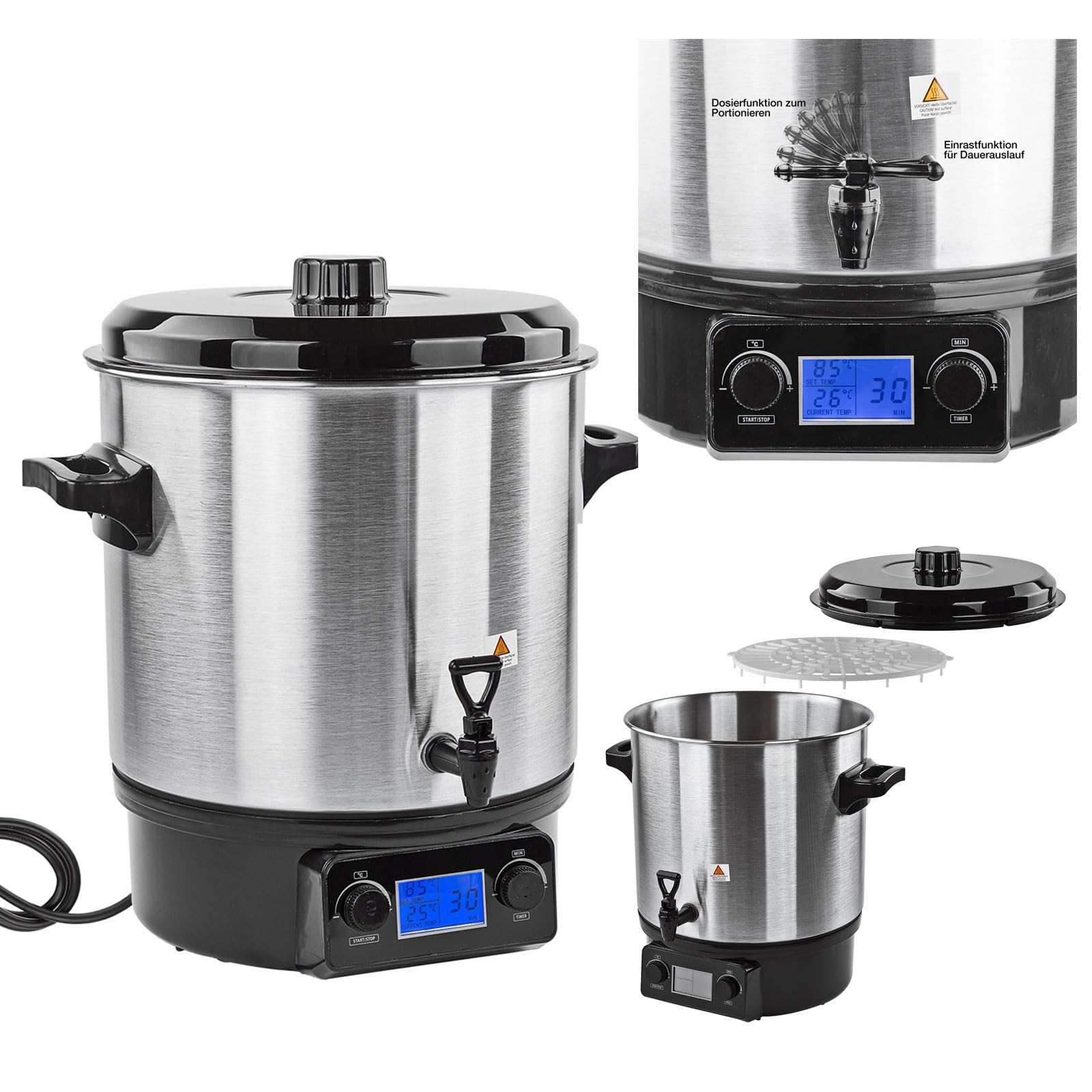DEMA Edelstahl Einkochtopf DEA2000DX – Einkochautomat, Einkocher, 2000 W, 27 L, 30–100 °C, robust & langlebig, ideal für Obst, Gemüse, Marmelade & Saftbereitung