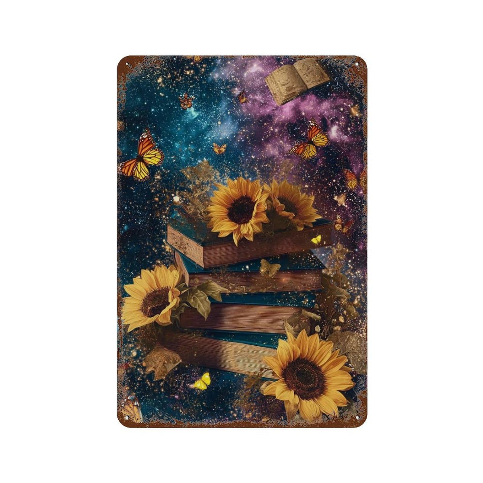 Galactic Book Stack with Sunflowers Rustic Tin Plaque 11.8"x7.9", Industrial Home Decor for Pub, Kitchen And Man Cave Decor