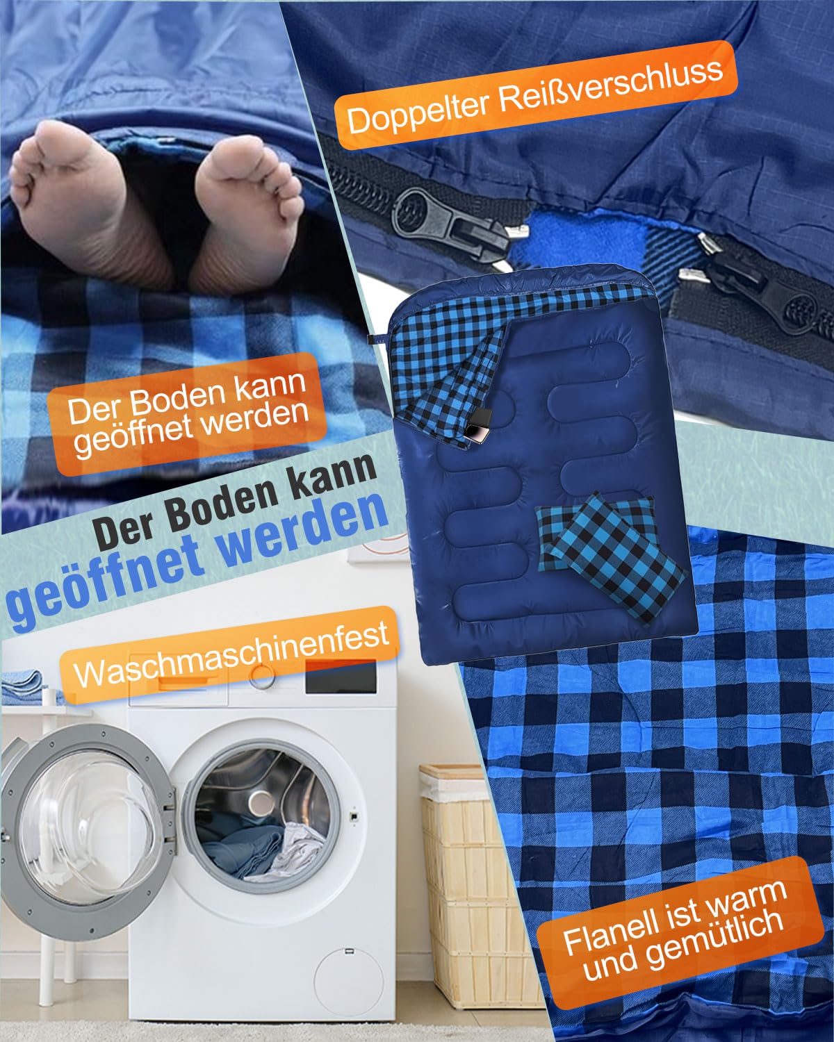 Doppelschlafsack Flanell, 2 Personen Schlafsack Outdoor 220 x 160 cm, Verbesserter Doppel Zippern, mit 2 Kissen und Tragetasche, Erwachsene Deckenschlafsack für Familie